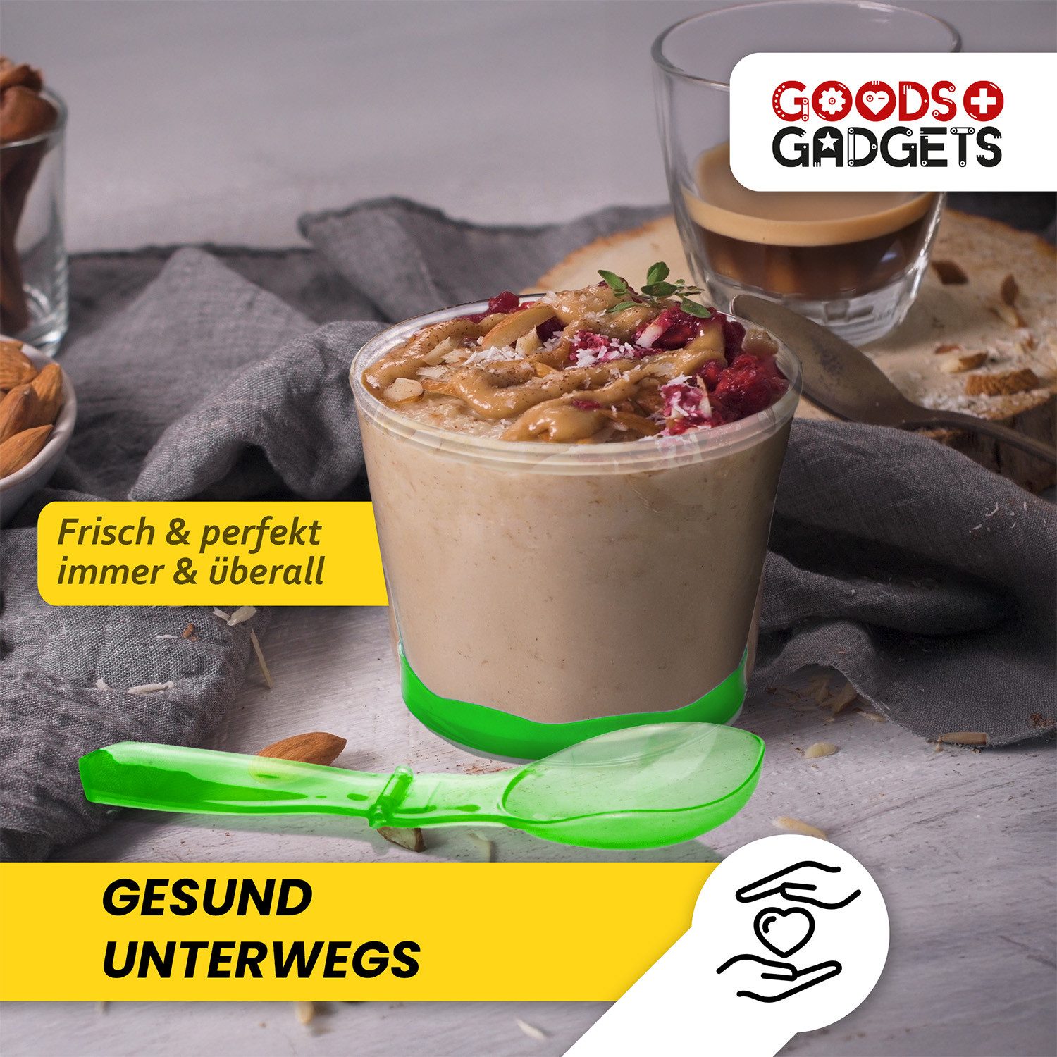 Goods+Gadgets Aufbewahrungsbecher GOODS+GADGETS Müsli To-Go Becher 2in1 mit Kühlfach & Klapp-Löffel, (Milchkühlfach & Klapp-Löffel), Joghurt 2-Go Reise-Becher