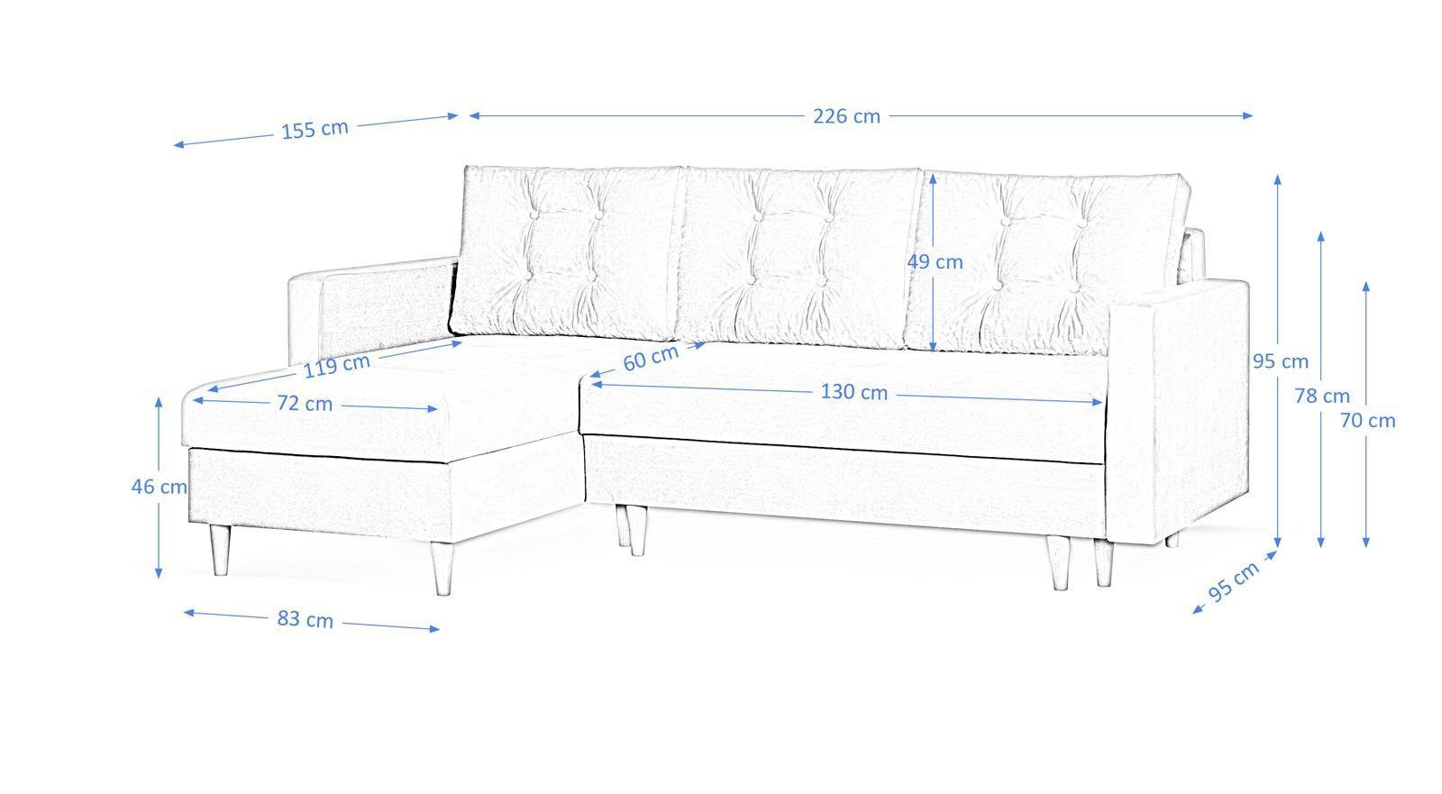 Beautysofa Ecksofa mit Schlaffunktion Sigurd L, Klassisches Design, Skandinavischer Stil, mit Bettkasten