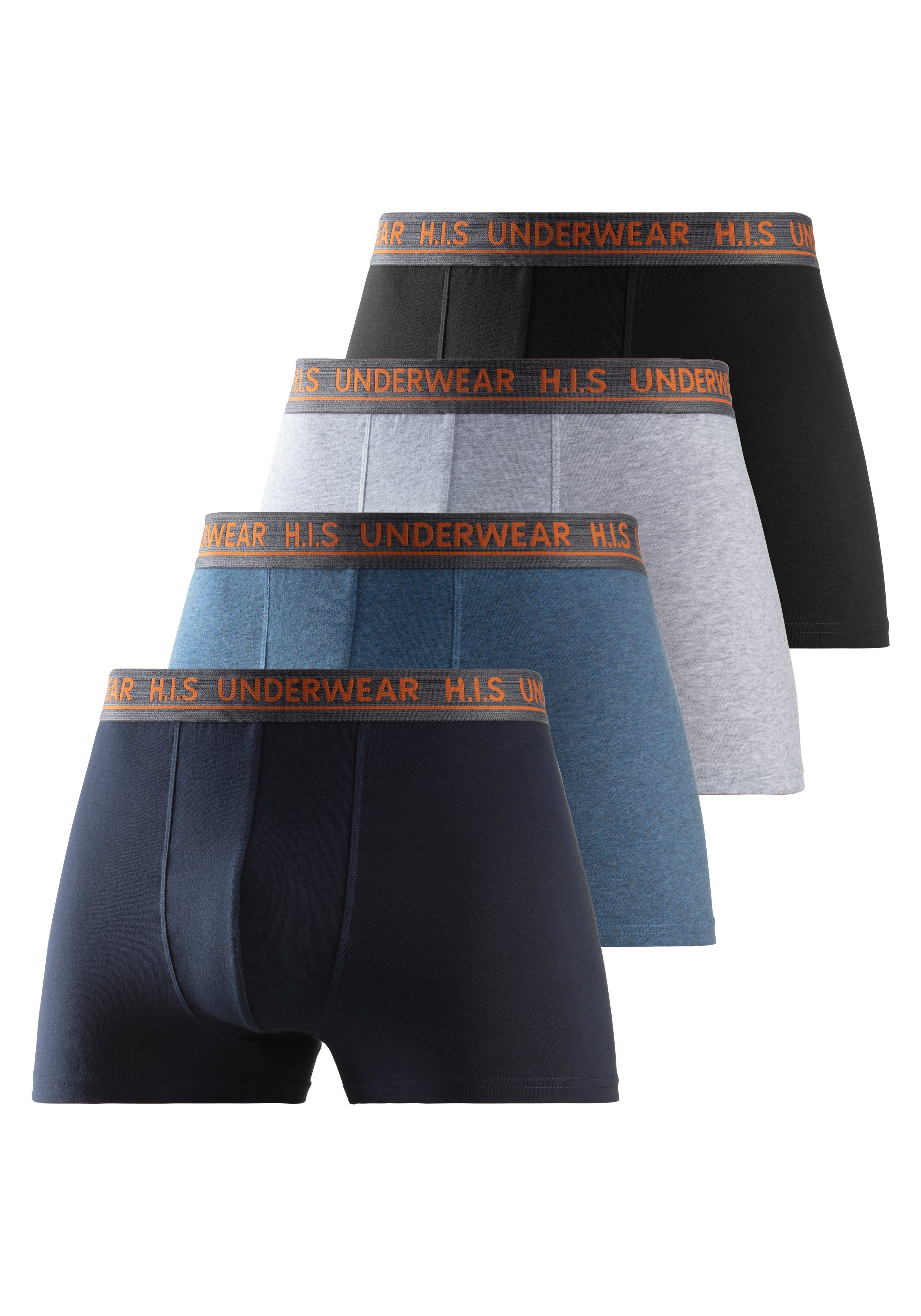 navy, Boxer schwarz grau-meliert, blau-meliert, Stretchbündchen H.I.S 4-St) mit bequemem (Packung,