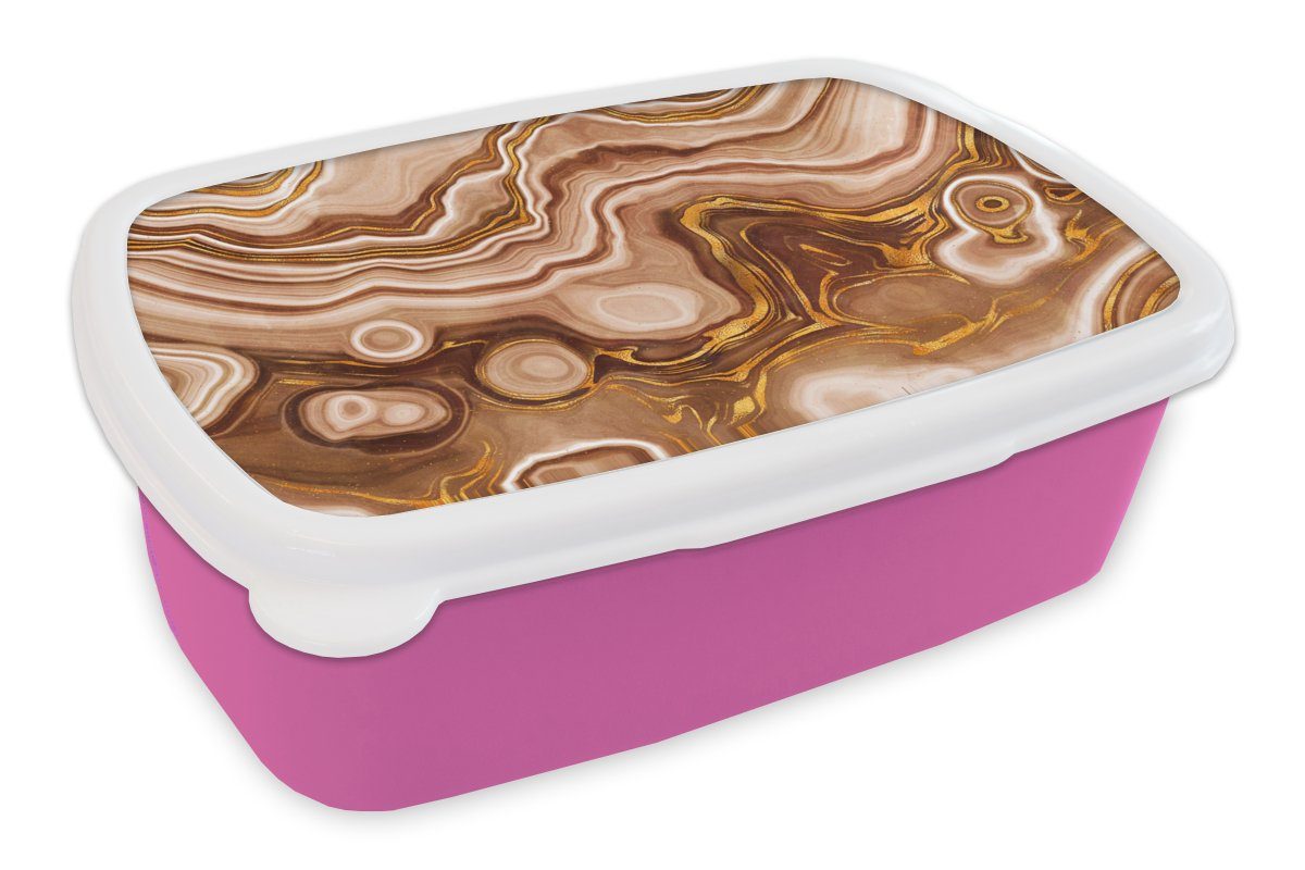 MuchoWow Lunchbox Gold - Achat-Geode - Steine - Braun, Kunststoff, (2-tlg), Brotbox für Erwachsene, Brotdose Kinder, Snackbox, Mädchen, Kunststoff rosa