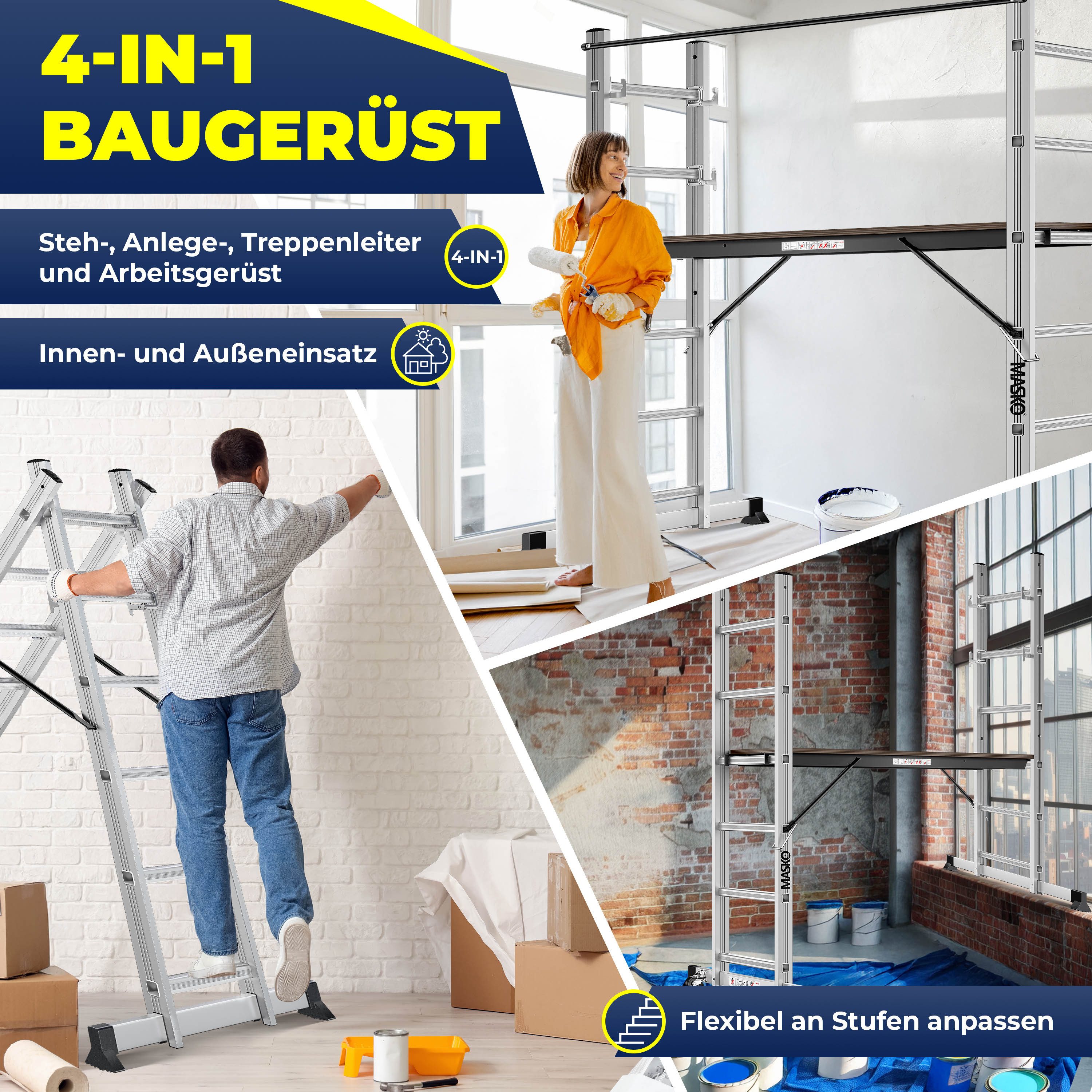 MASKO Arbeitsgerüst Baugerüst mit Arbeitsbühne 4in1 Mehrzweckleiter, bis 150kg belastbar, als Anlegeleiter, Bockeiter, Treppenleiter & Gerüstleiter nutzbar