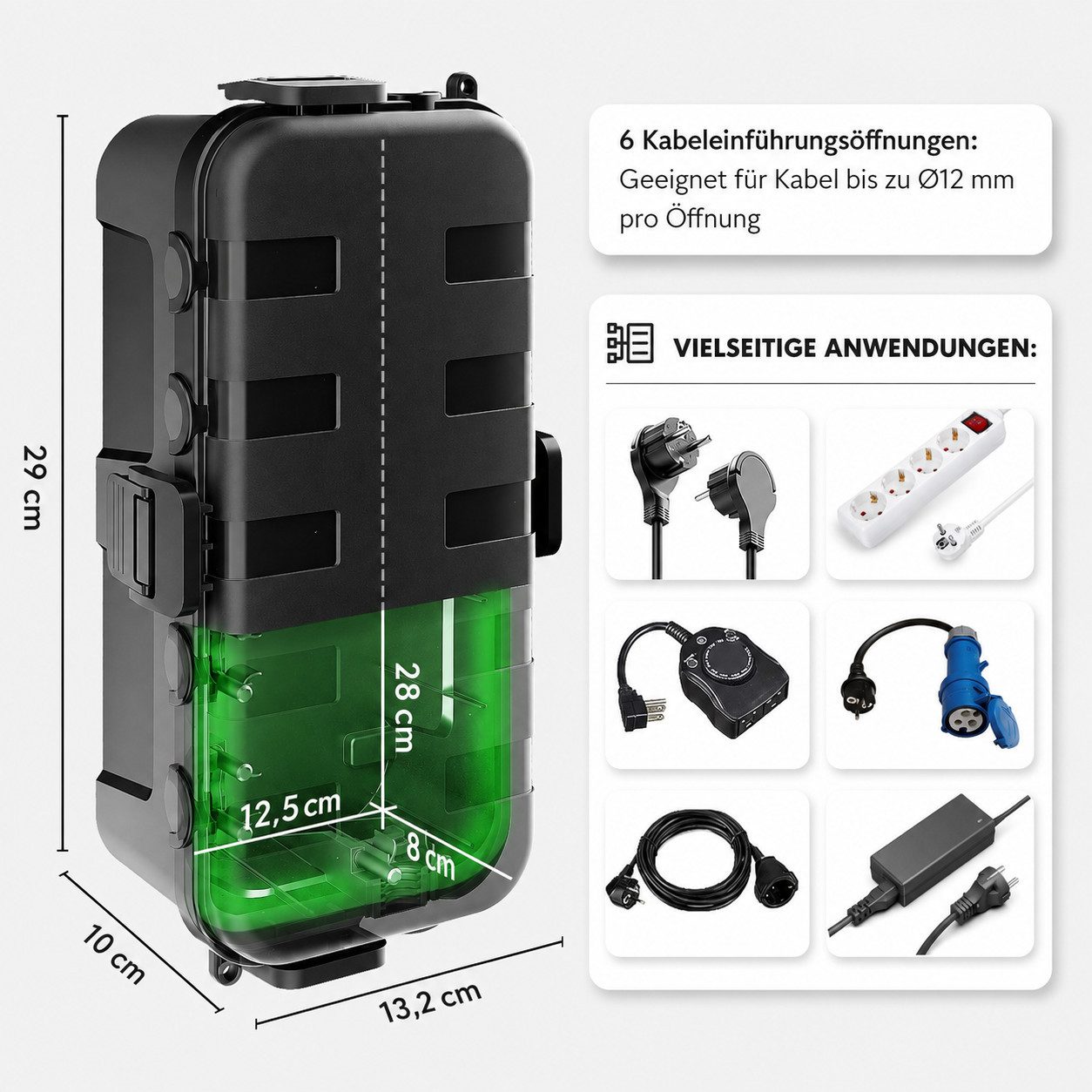 AIMAX Kabelbox IP54 für Außenbereich, 29 x 13,2 x 10 cm, 6 Kabelöffnungen, Outdoor Kabelschutzbox für Steckdosenleisten und Verlängerungskabel – Bild 2 von 5