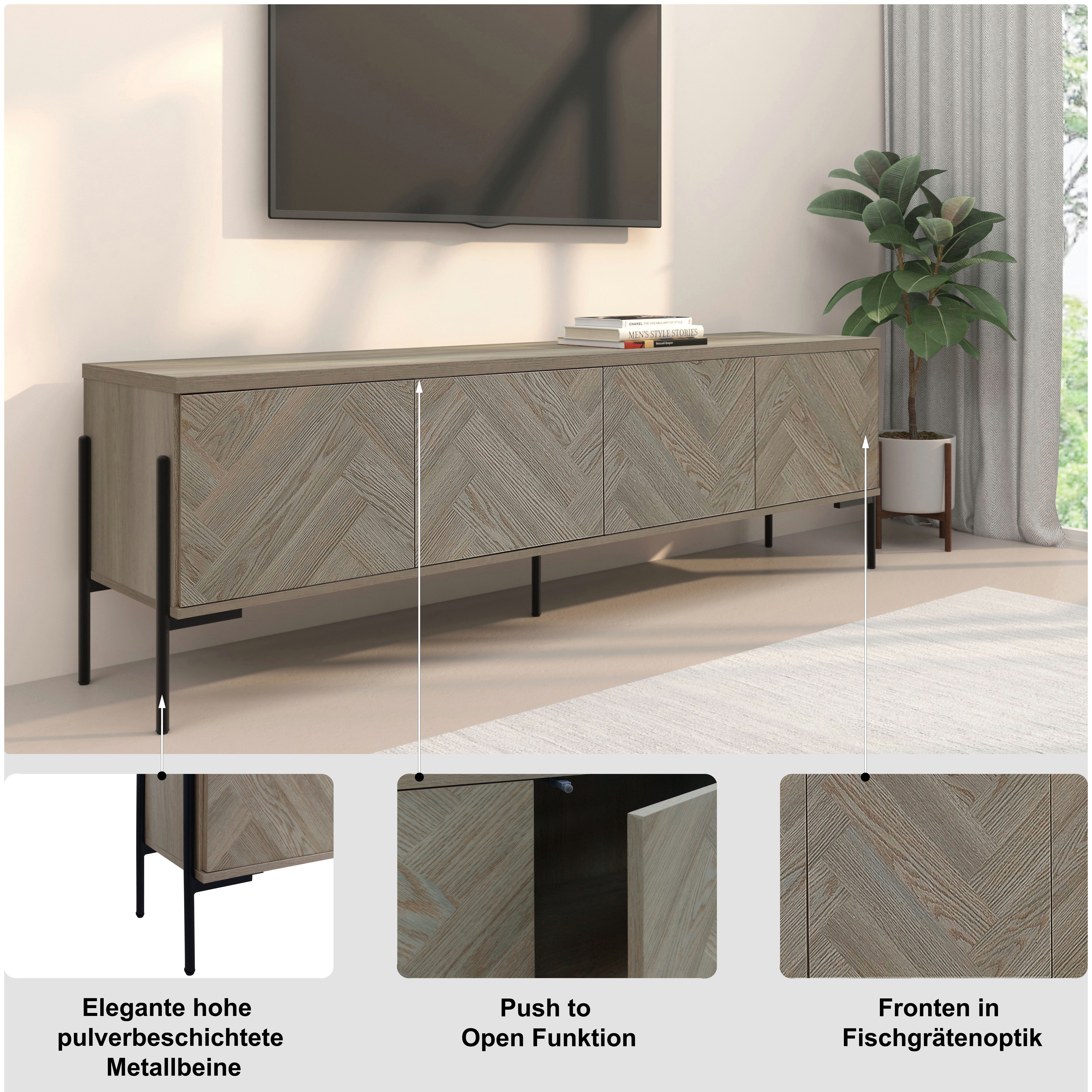 OTTO home Lowboard Eadwine, TV-Kommode, Push-to-open, Türen mit Fischgräten Muster, Breite 175 cm
