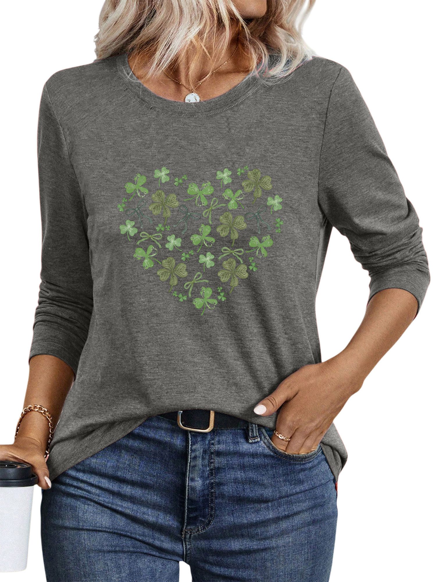 PYLIKE Longsleeve Damen Langarm Herbst Basic-Shirt mit Vierblättriges Kleeblatt Print Geeignet für den täglichen Gebrauch im Büro und zu Hause