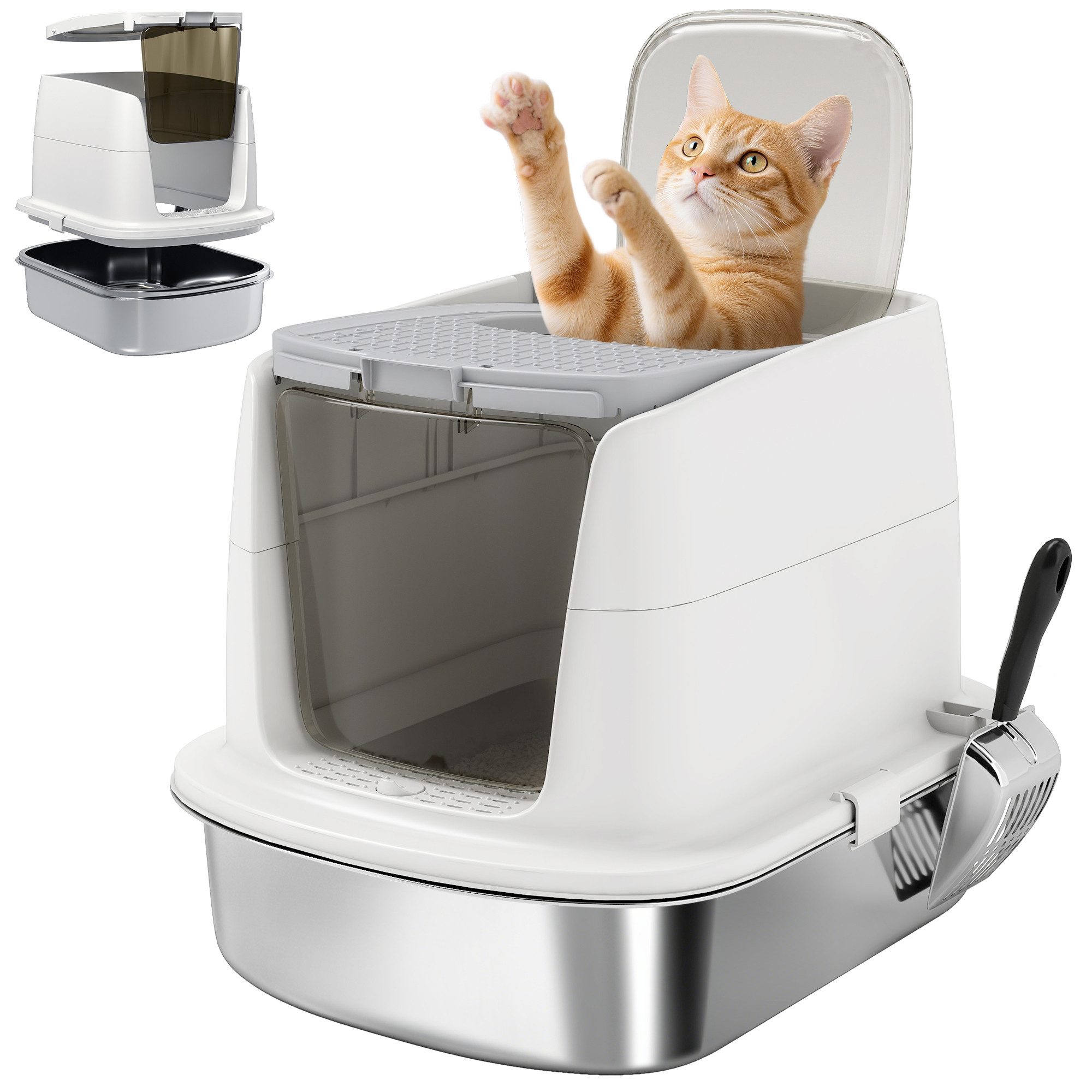 PawHut Katzentoilette Katzenklo Edelstahl mit Deckel XL mit Haube und Schaufel Tablett, für Katzen bis 5 kg, Weiß