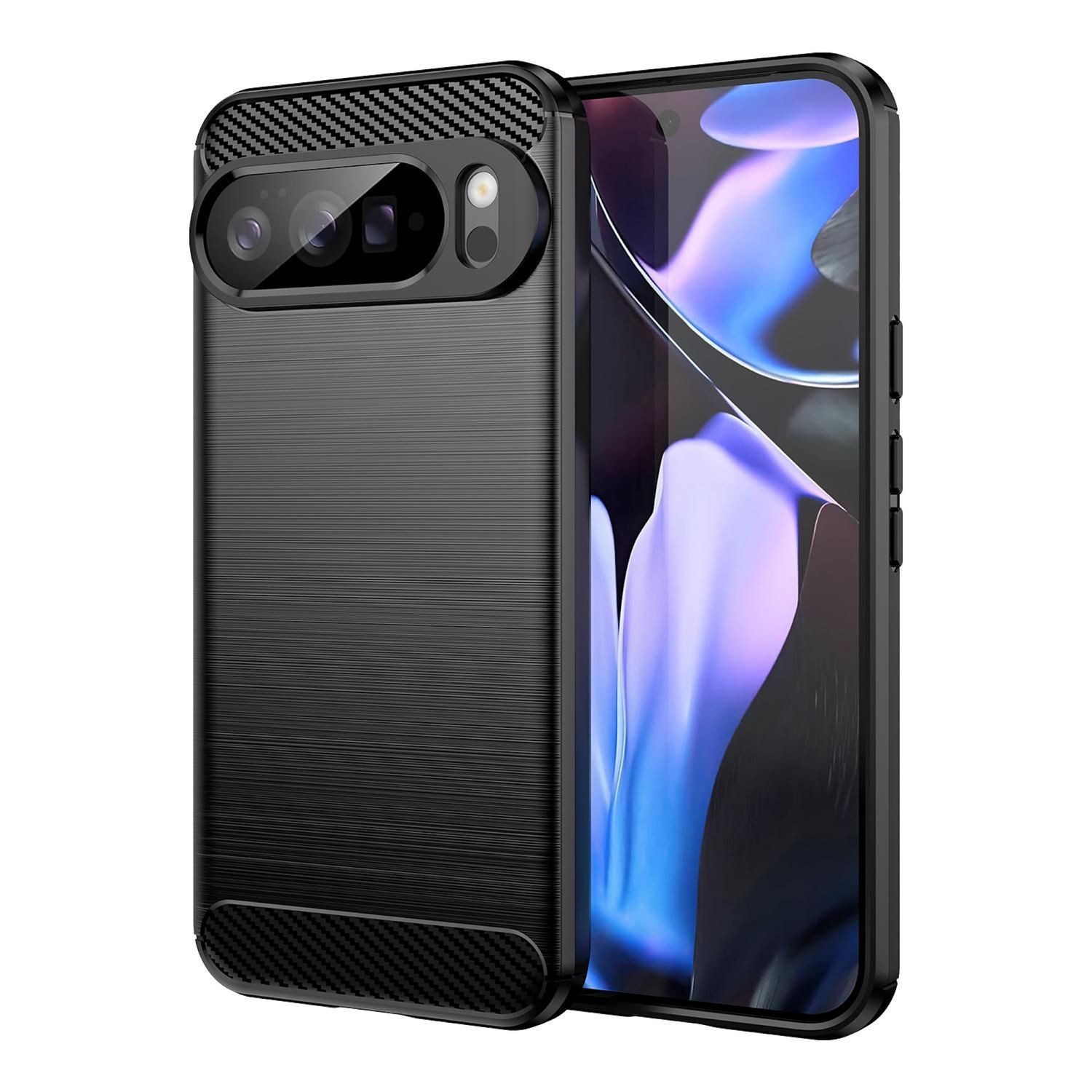 Wigento Handyhülle Für Google Pixel 10 Pro XL Carbon Brushed Design TPU Hülle Schwarz, Carbon Textur Schutzhülle Smart Case Cover