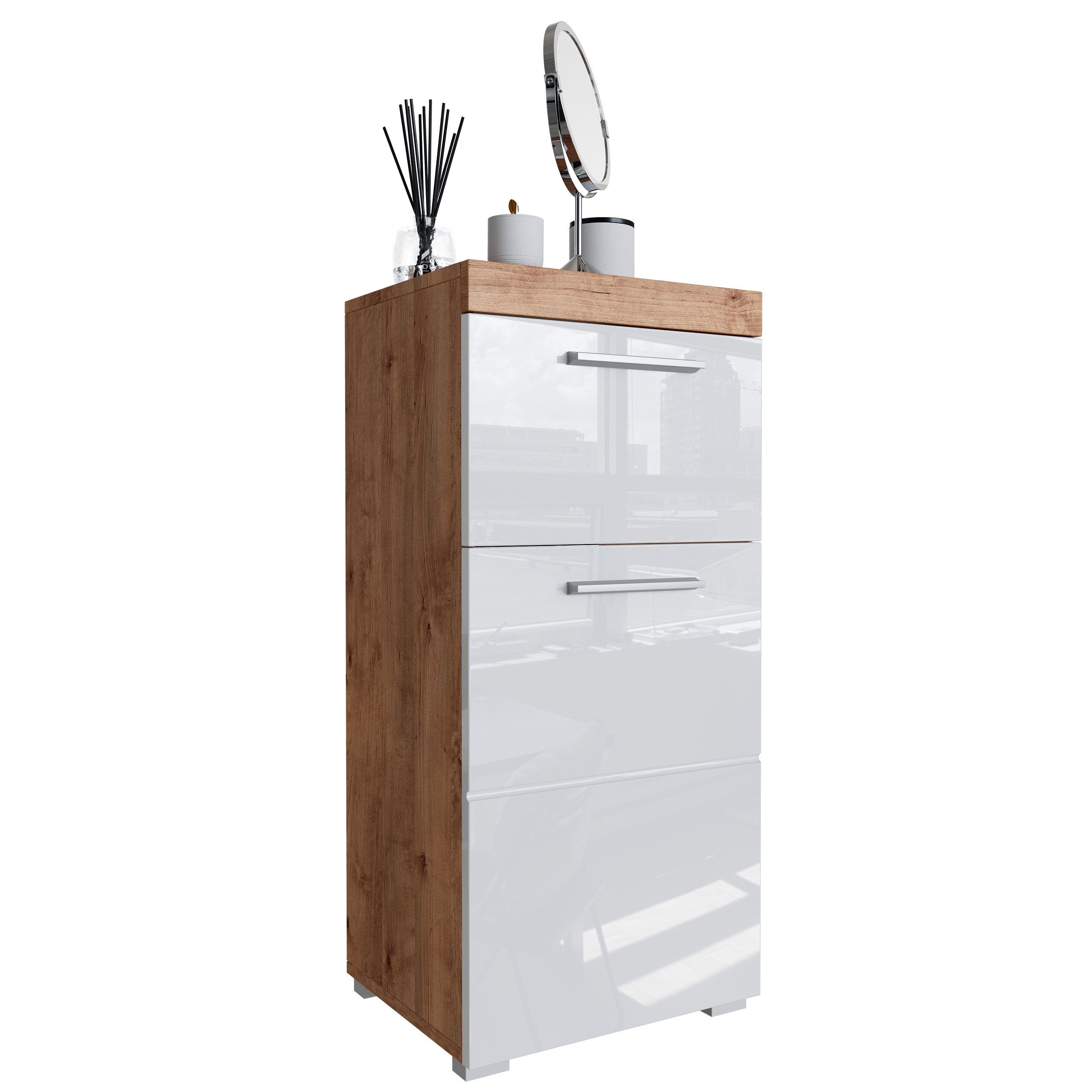 Produktbild von Unterschrank Barnsley I – 38x78x31 Cm, In San Remo Eiche/Weiß Hochglanz, Mit Tür Und Schubkasten Für Badezimmer