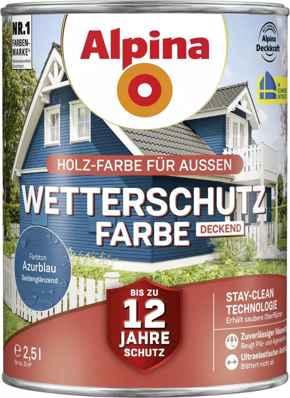 Alpina Wetterschutzfarbe Holzfarbe für außen deckend Azurblau 2,5 Liter