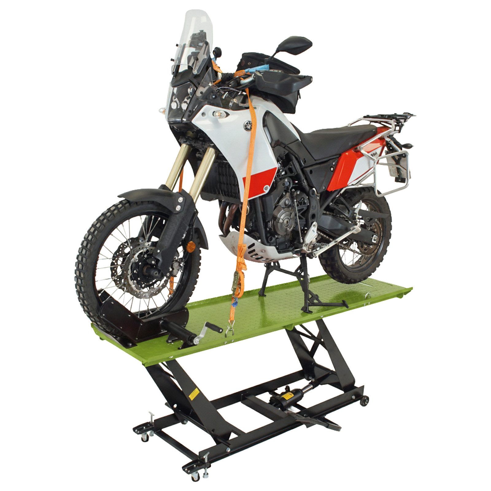 TRUTZHOLM Hydraulikheber Motorradhebebühne hydraulisch 450 kg Breite 55 cm Parallelhub Heber, Vorderradklemme, 4 Halteösen, abnehmbare Auffahrrampe