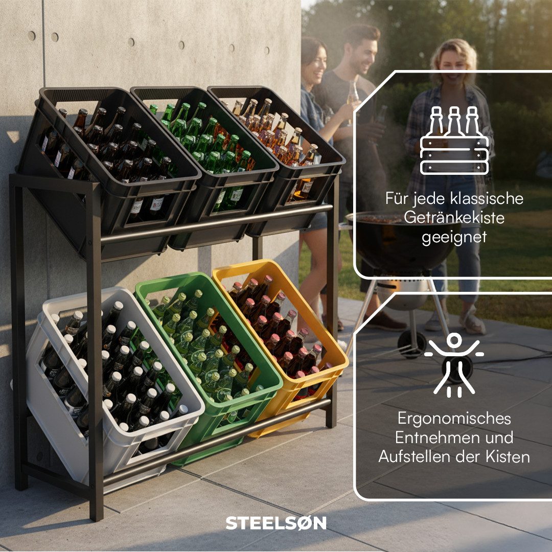 STEELSØN Flaschenregal Macondo aus Metall, Kistenregal für Getränke- & Obstkisten, Getränkekistenregal schwarz, für 6 Kisten, auch verfügbar für 4 Kisten & mit  – Bild 5 von 5