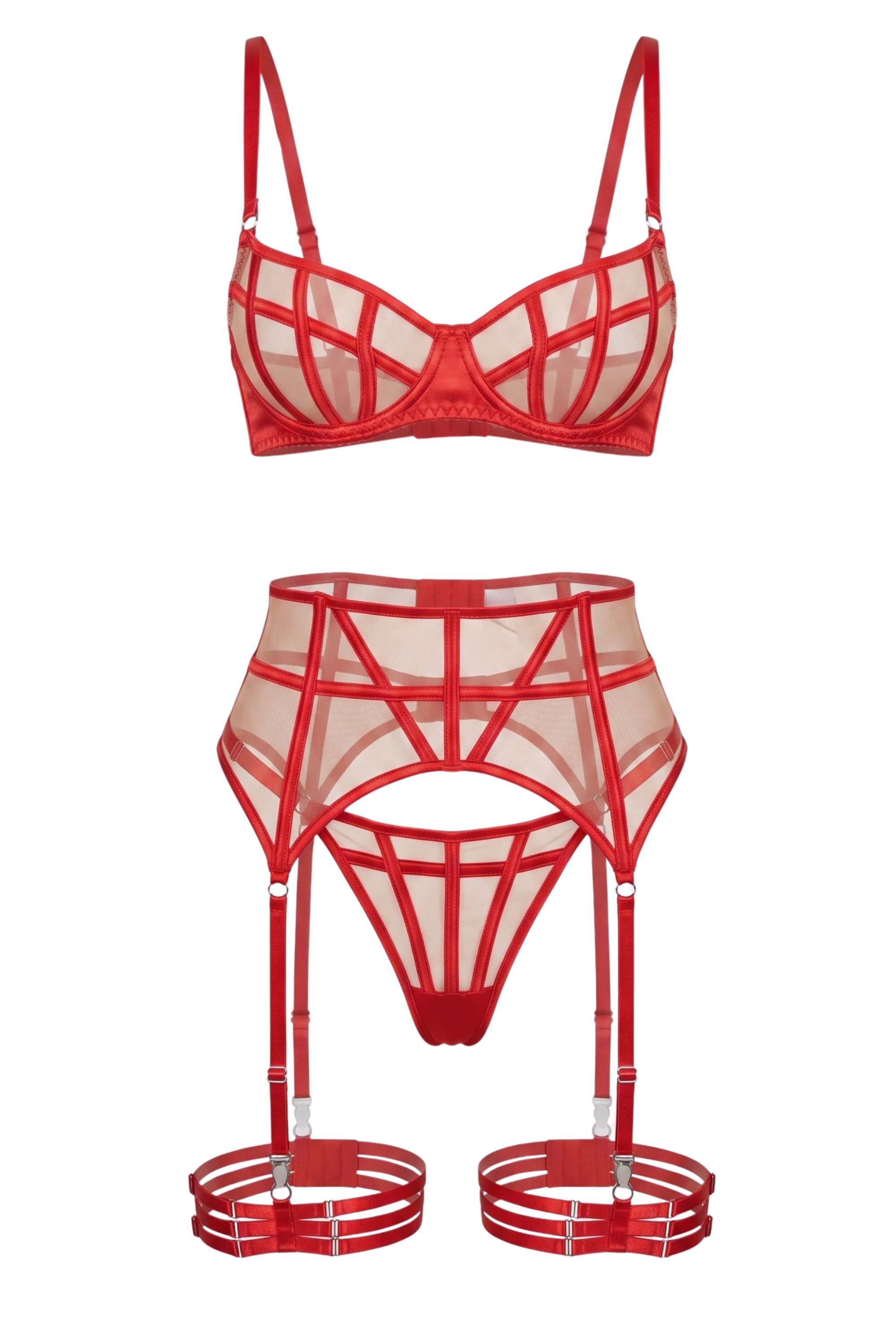 Elegant Love Set: Bügel-BH Sexy Dessous-Set – Transparente Reizwäsche (Straps-Set, 3-tlg., BH + High-Waist-String + integrierten Strumpfhaltern mit Beinriemen) Lingerie-Set mit Strapsen – Damenunterwäsche für besondere Momente