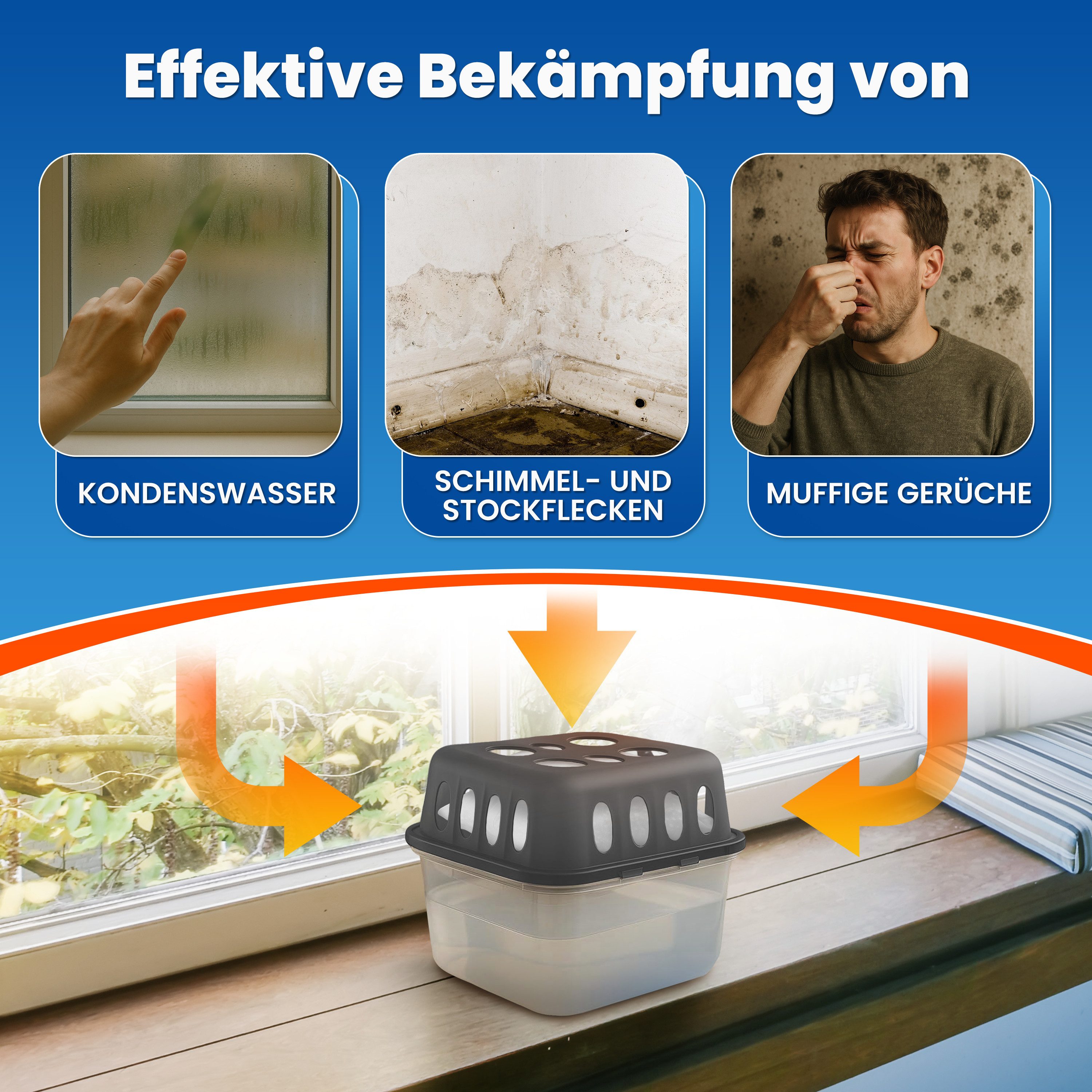 MoistBuster Luftentfeuchter ohne Strom, für 88 m³ Räume, Tank 0,6 l, 4x Entfeuchter und 8x Luftentfeuchter Nachfüllpack