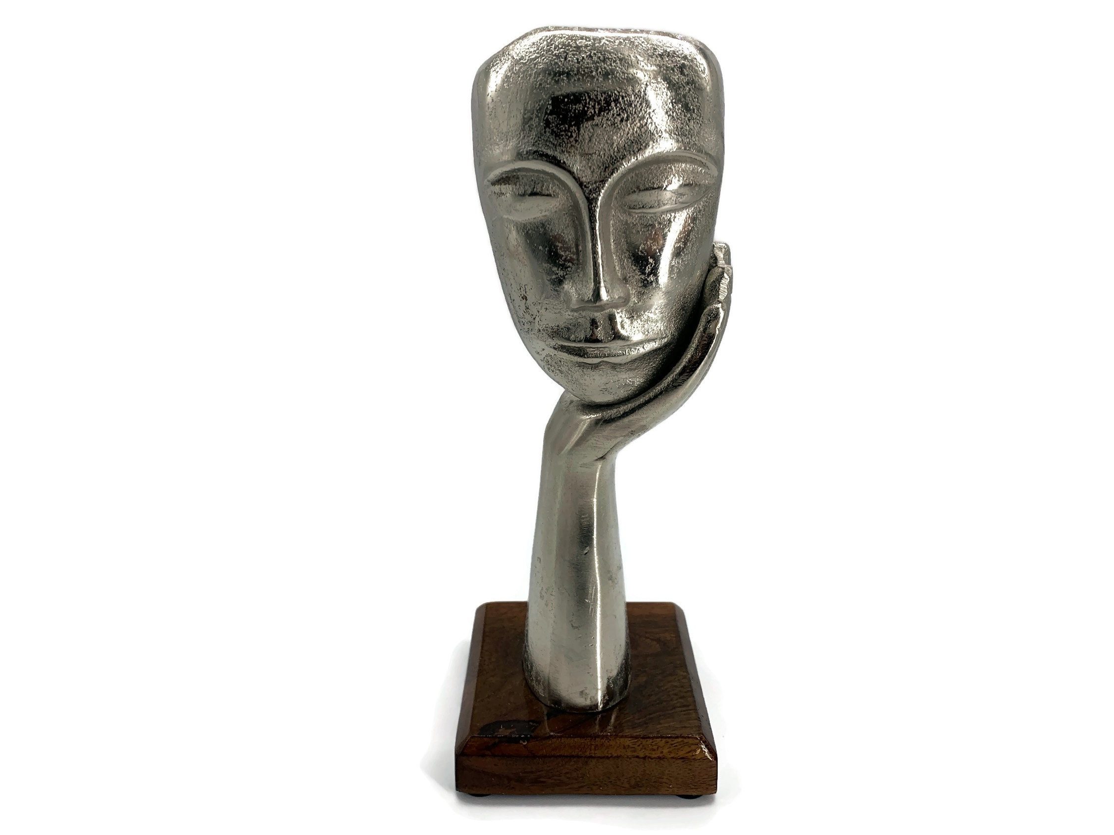 eXODA Skulptur Maske In Gedanken Aluminium auf Mangoholz Sockel