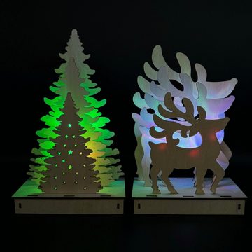 Online-Fuchs LED-Dekofigur als 2er Set Weihnachtsfiguren Rentier und Tannenbaum (Weihnachts-Deko, Farbe: warmweiß oder Farbwechsel einstellbar), aus Holz, mit 6-Stunden-Timer, Maße (HxBxT) ca. 25x15x7 cm