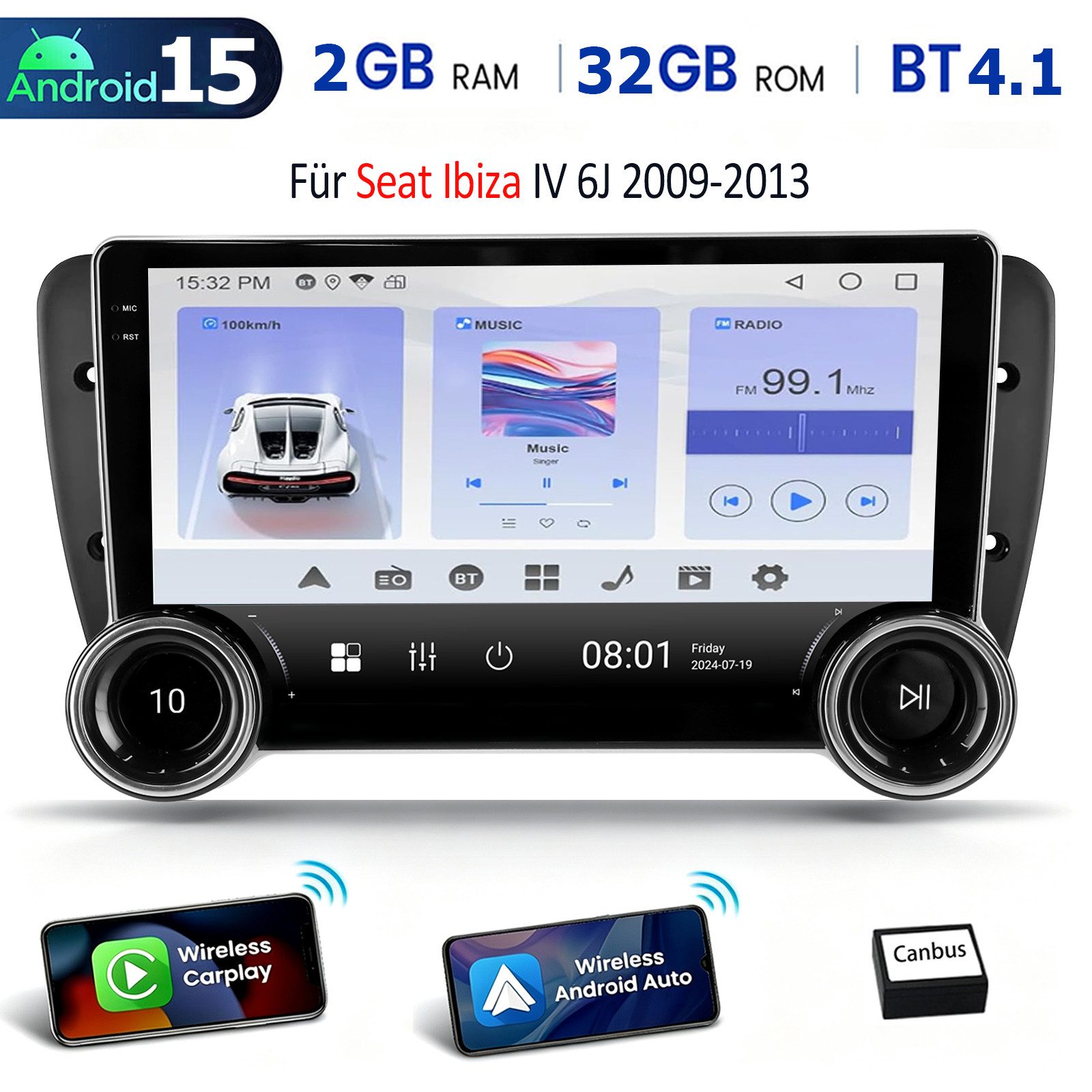ESSGOO 10" Android 15 Autoradio 2DIN CarPlay für Seat Ibiza6 GPS Navi 2009-13 Autoradio (RDS, 4+64GB(optional), Digitalradio (DAB), FM, AM, SWC, Carplay Android Auto Bluetooth EQ USB GPS Navi WIFI Touchscreen)
