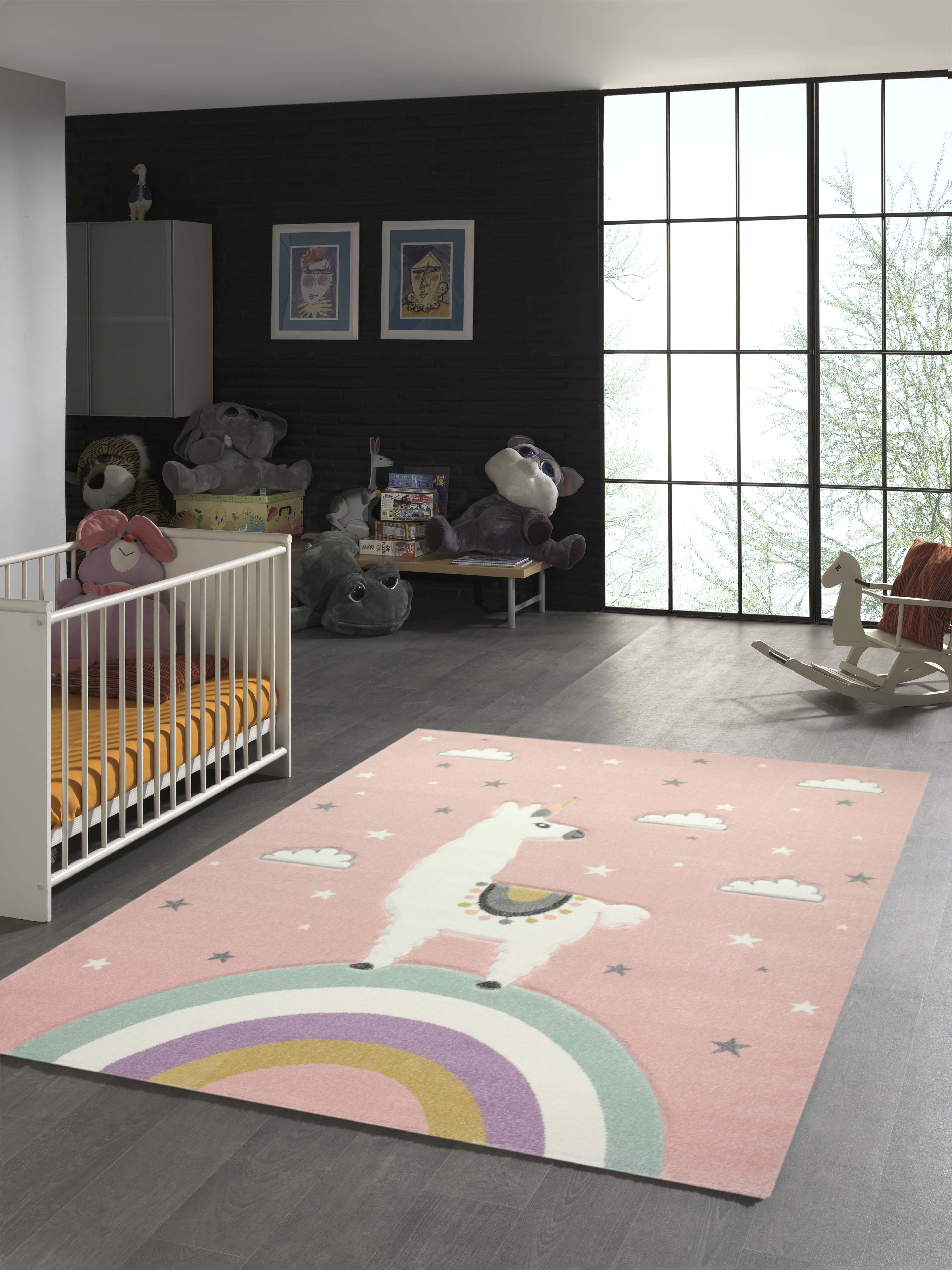 TeppichHome24 Kinderteppich Kinderteppich Lama Einhorn Wolken in Rosa, rechteckig, Höhe: 1.3 mm