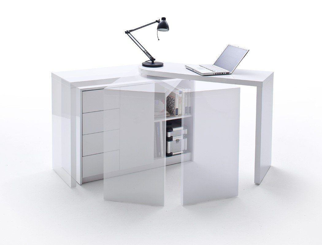 expendio Schreibtisch Matteo, weiß Hochglanz mit MDF integriertem cm 166x42x77 Regalschrank