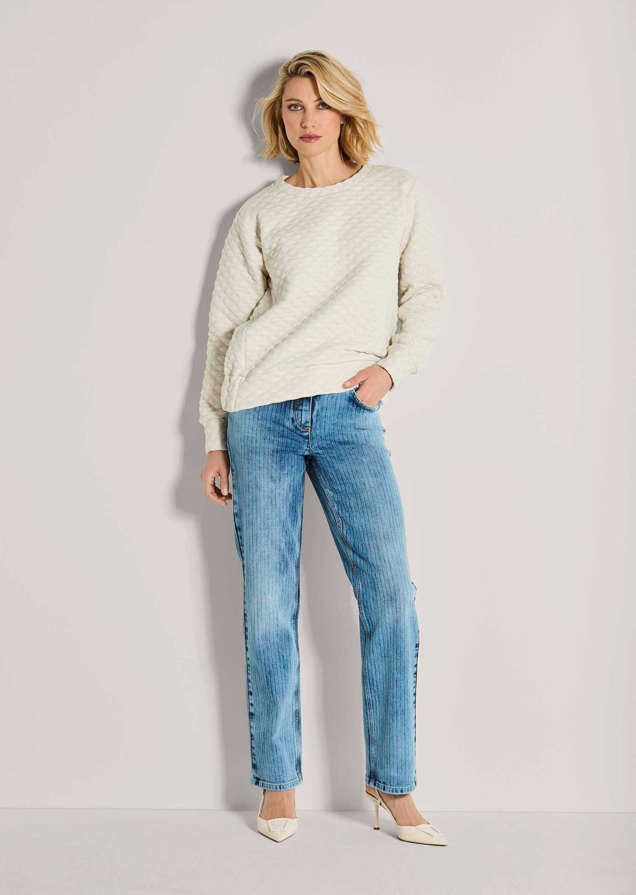 MADELEINE Langarmshirt Struktursweater mit Rundhalsausschnitt Blouson-Optik mit breitem Saumbund, Langarm