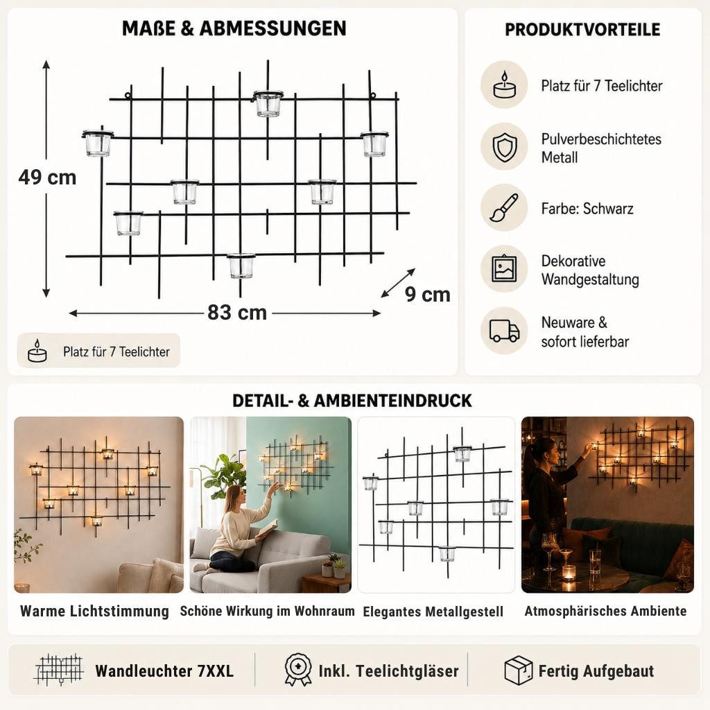 DanDiBo Teelichthalter Wand 7XXL Wandkerzenhalter Metall 83 cm Wandteelichthalter, Kerzenhalter