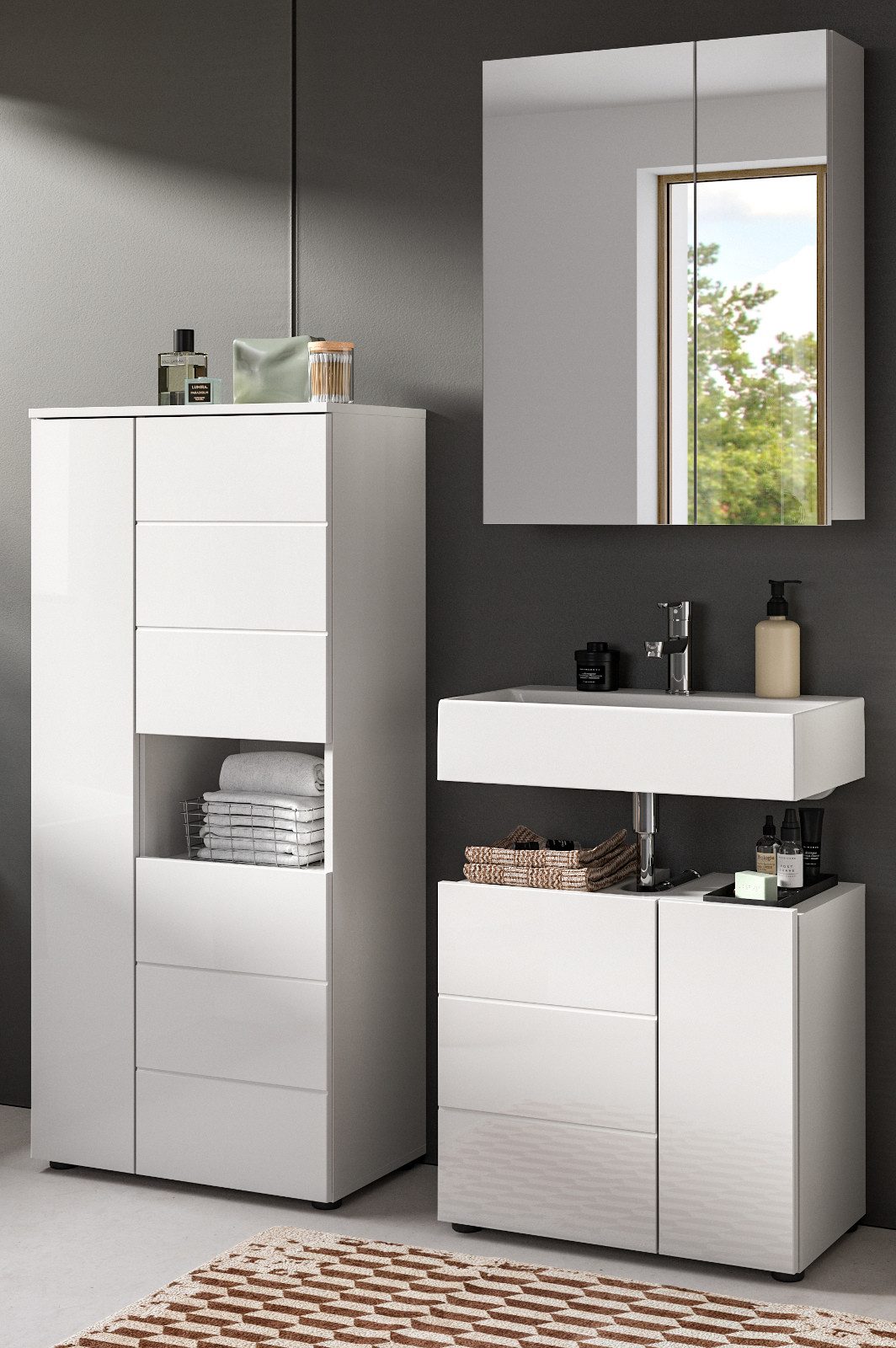 Inn.Furn Badmöbel-Set Larik, (Badezimmer in weiß Hochglanz, 3-teilig, 135 x 190 cm), mit viel Stauraum