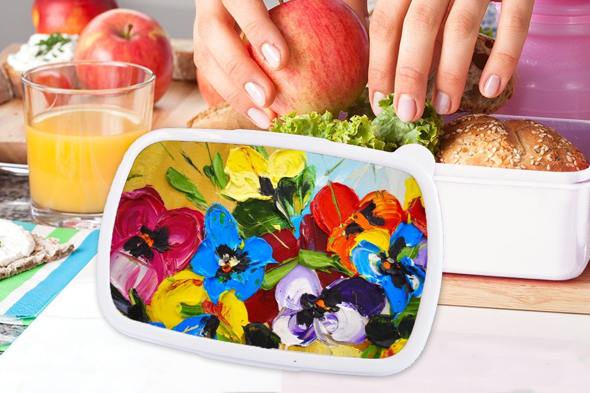 Erwachsene, Kunststoff, MuchoWow und Mädchen Malerei und für - (2-tlg), Jungs Blumen, Brotbox Lunchbox weiß für Ölfarbe Kinder - Brotdose,