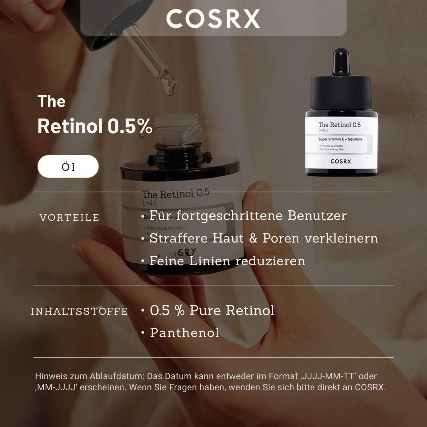 Cosrx Gesichtsserum The Retinol 0.5 Oil 20ml – Gesichtsöl mit 0,5 % Retinol gegen Falten & feine Linien, mit Vitamin E & Squalan, Anti-Aging Nachtpflege, zur Verbesserung der Hautelastizität, Korean Skincare