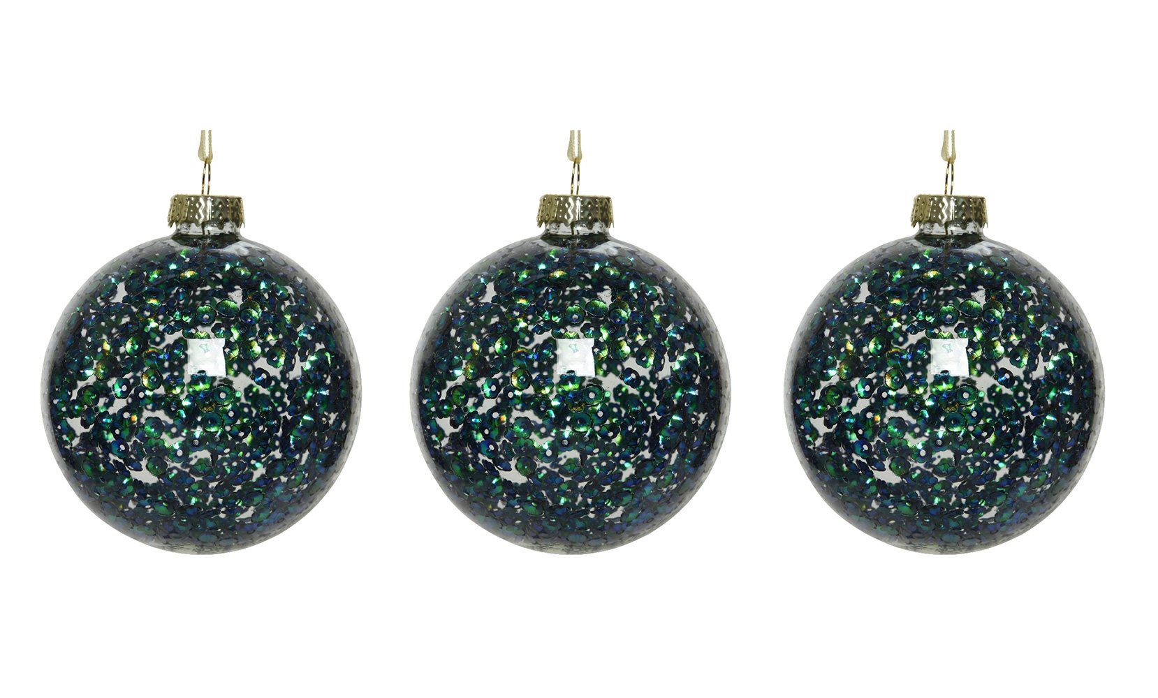 gefüllt 3er mit Pailletten decorations 8cm season petrol Weihnachtsbaumkugel, Set Decoris Glas Weihnachtskugeln