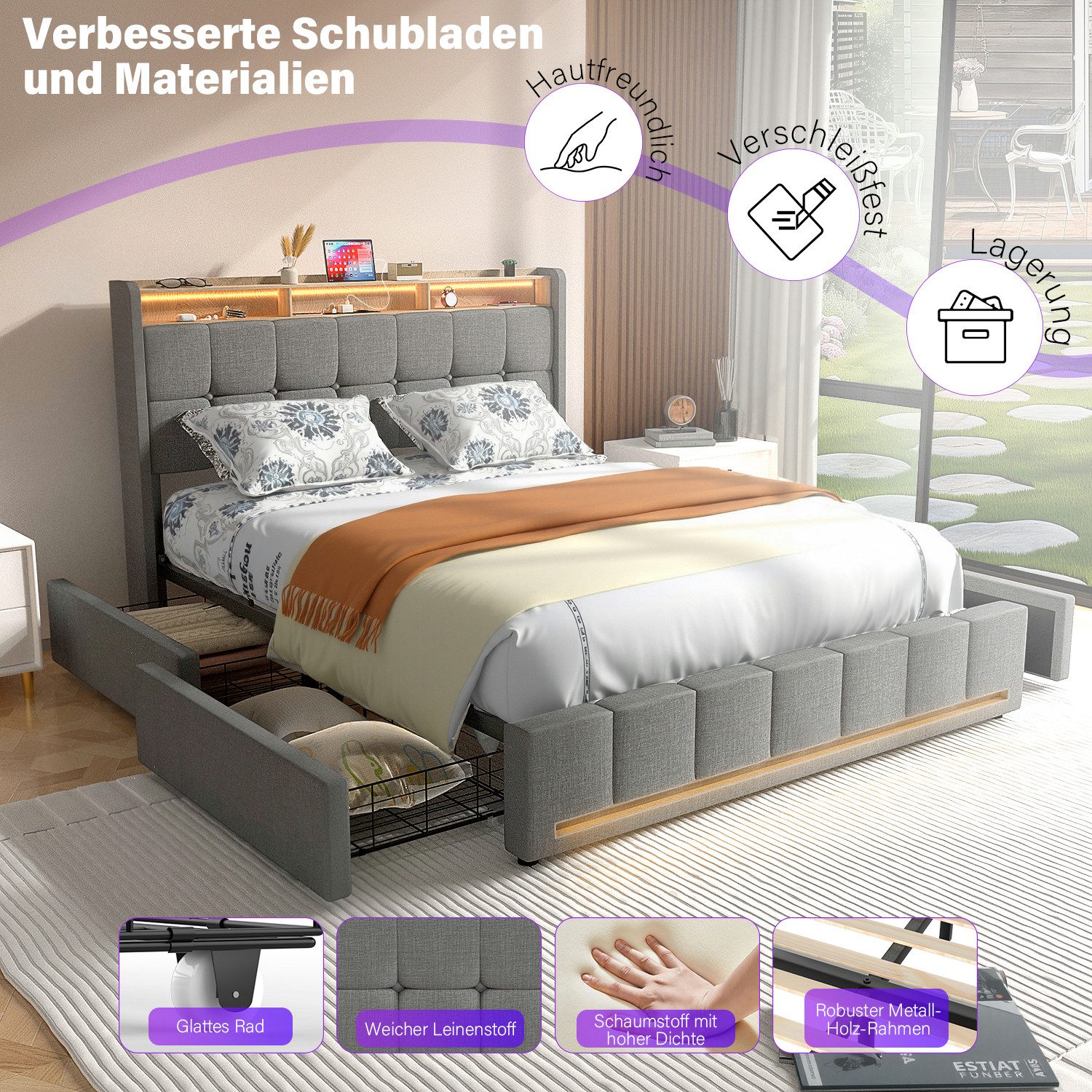 oyajia Polsterbett LED Doppelbett 140x200 cm mit 4 Schubkästen und Kopfteil, Ladefunktion (Leinenmaterial Polsterbett mit mit Lattenrost und Ladefunktion), Typ- – Bild 5 von 5