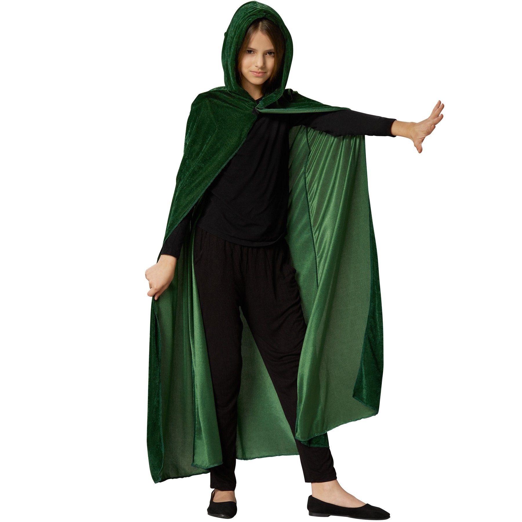 dressforfun Umhang Kinder-Cape/Verkleidungsüberwurf, in grün, Spitzzulaufende Kapuze, Feiner edel schimmernder Stoff, Ärmelloser Umhang mit Klettverschl.