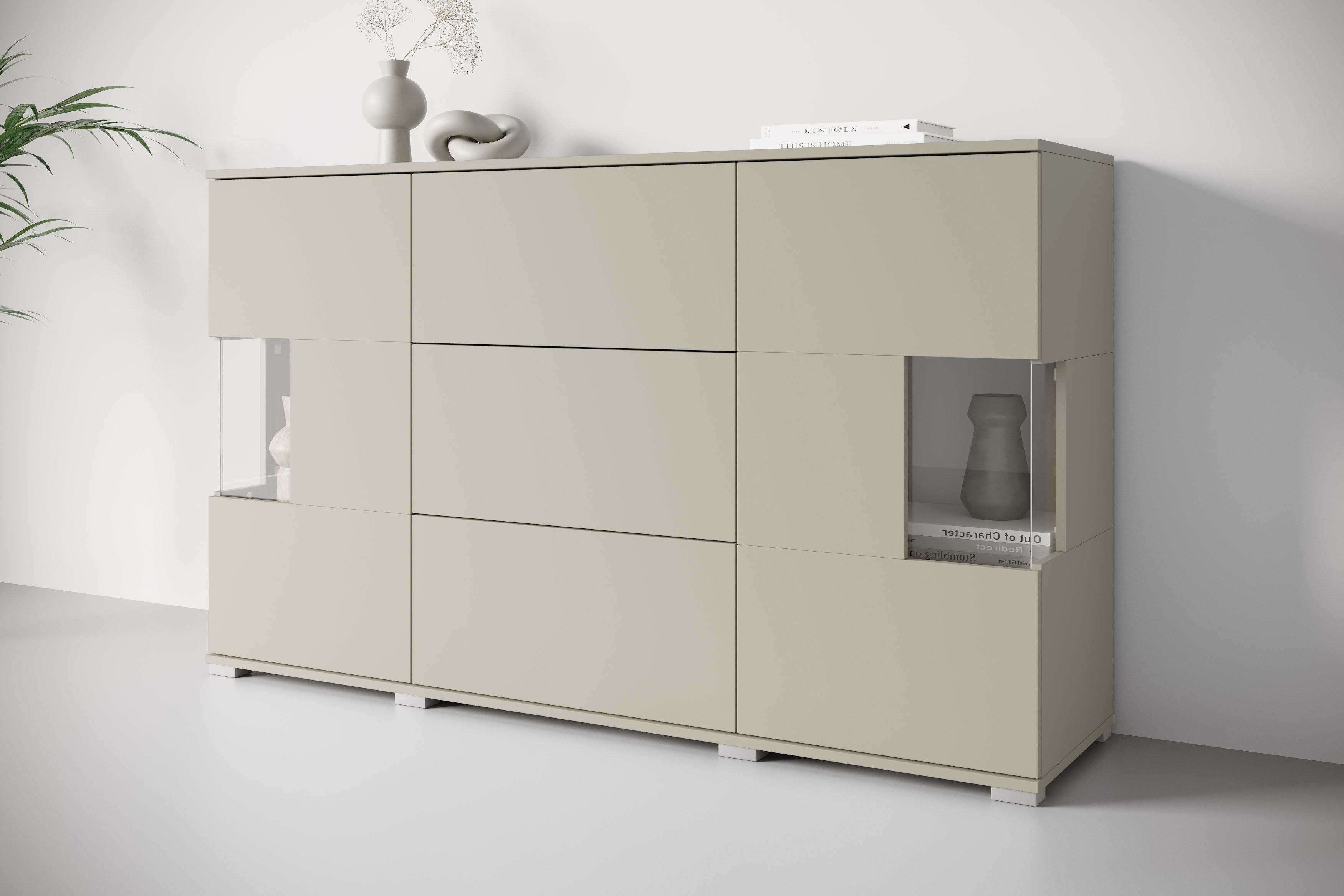 OTTO home Sideboard Kenia (1 St), Sideboard mit 3 Schubladen, 6 Fächern, Glastüren, Breite 150 cm