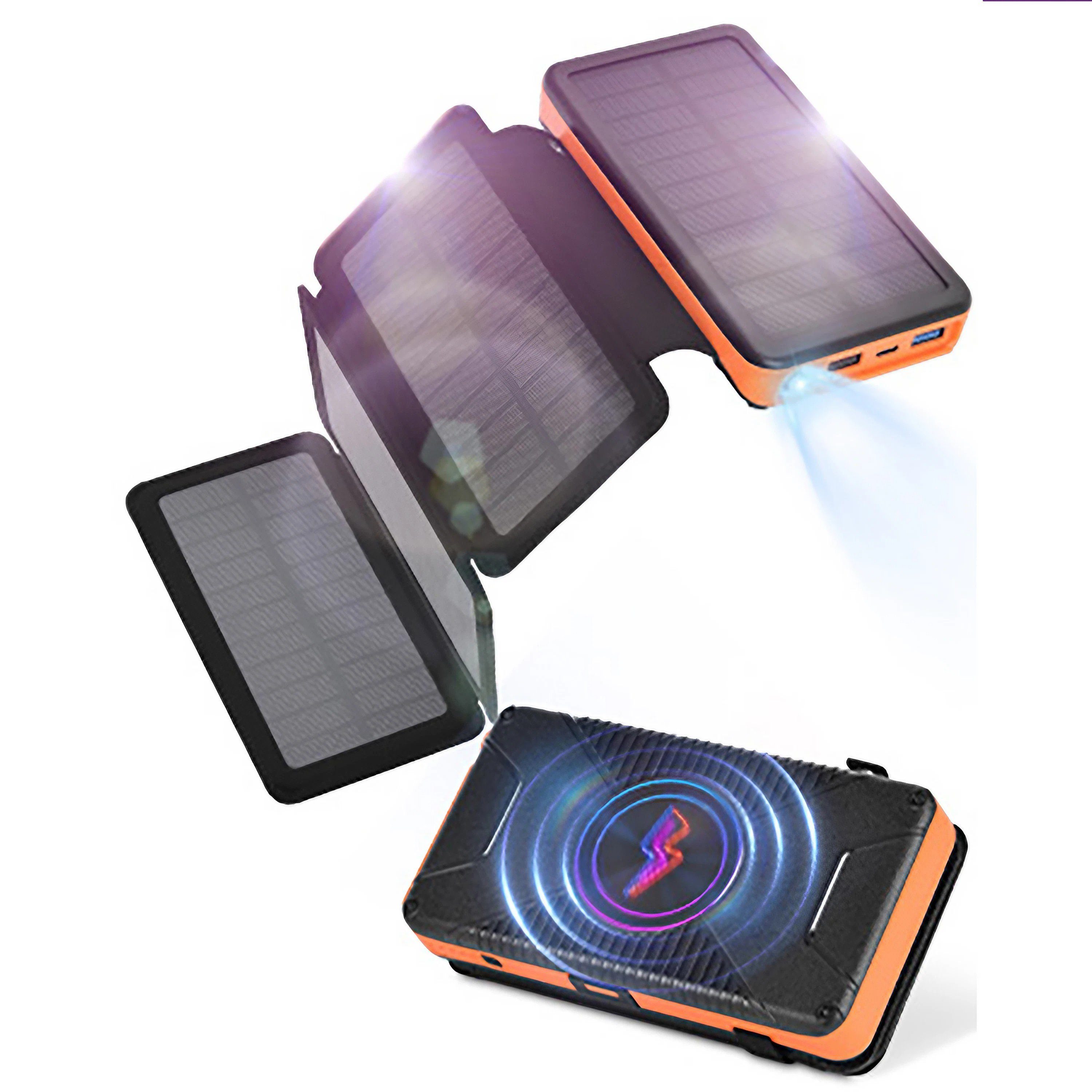 7Magic 26800 mAh Tragbares Solar Ladegerät, Power Bank Solar Powerbank PD 28W Solar Power bank, mit 3 USB/Typ C-Ausgängen 26800 mAh, mit Camping-LED-Lampe (3 Modi) für Phone, Kamera Orange - Mit Kabelloses Laden
