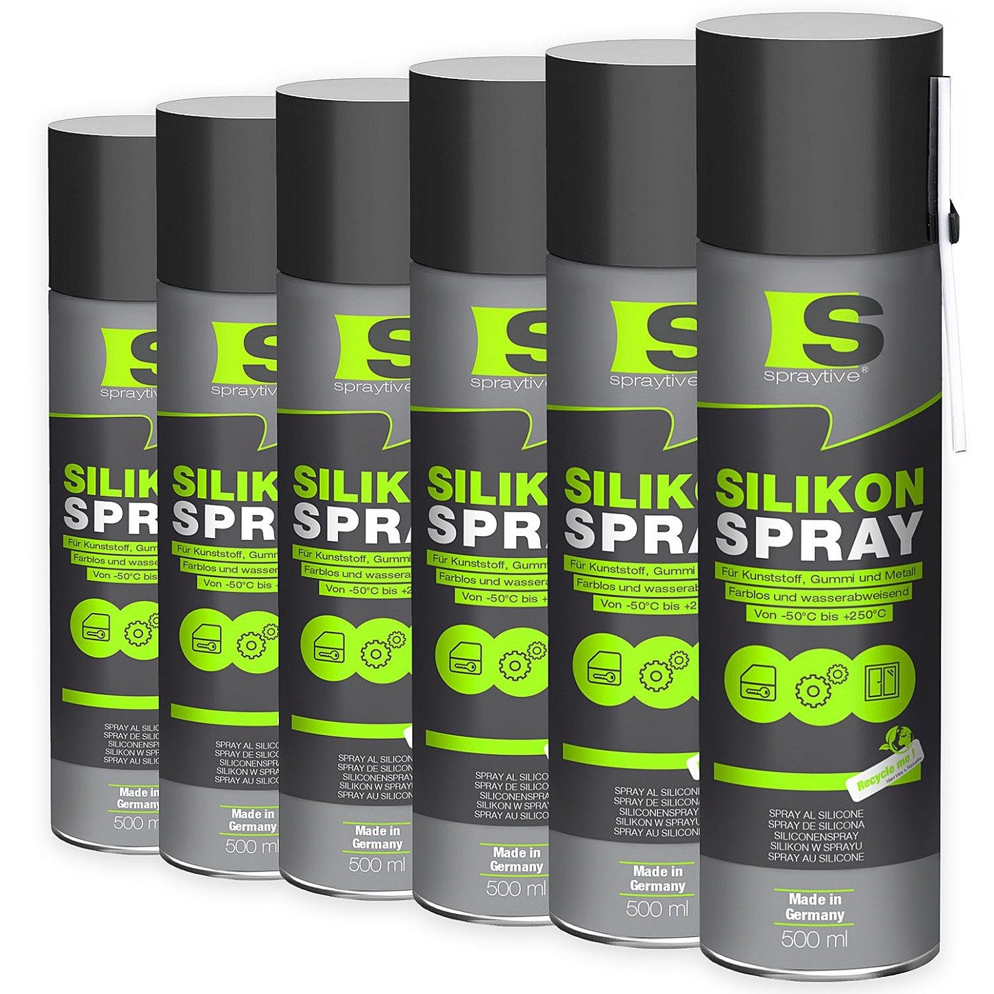 Spraytive Silikonöl 6x 500ml Silikonspray – farbloses Schmiermittel & Gleitmittelspray, Made in Germany