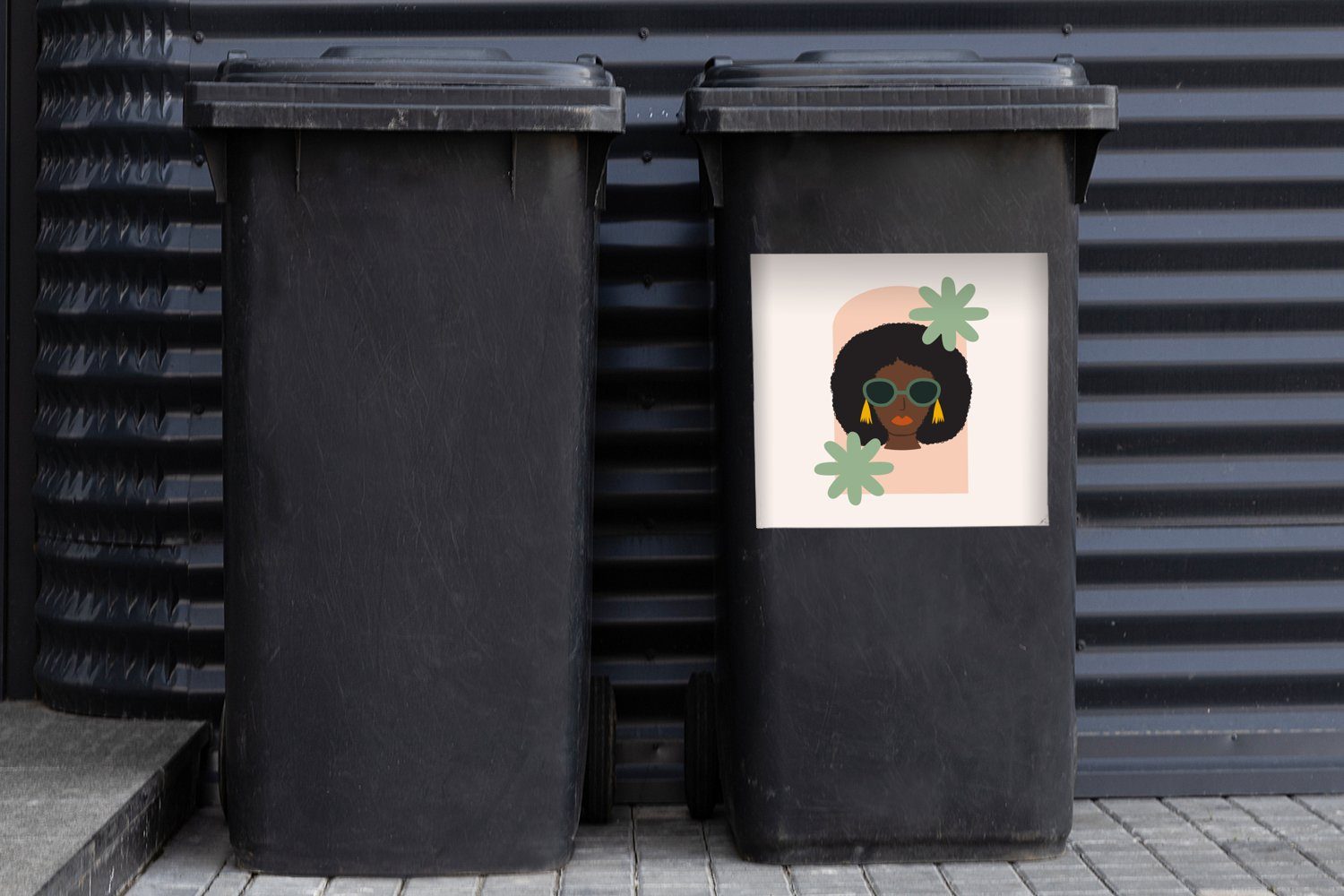 Mülleimer-aufkleber, MuchoWow - Wandsticker Blumen Sticker, Sonnenbrille Frau Abfalbehälter St), - Mülltonne, Container, (1