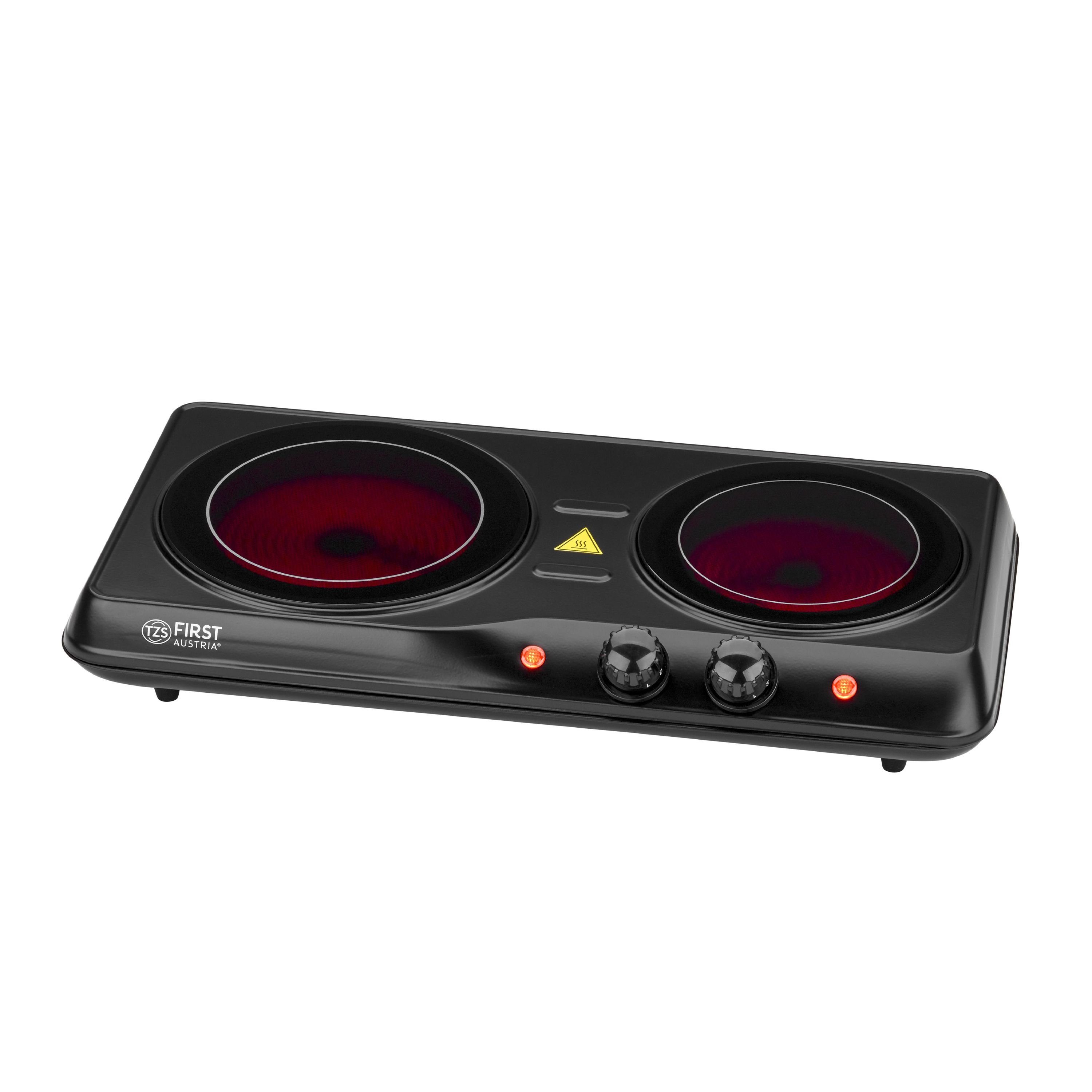 TZS FIRST AUSTRIA Doppelkochplatte Kochplatte 2000W, Glaskeramik, doppel, Herdplatte Camping, 2000W, Stufenloser Temperaturregelung, mobile Kochplatte, 19/16,5 cm