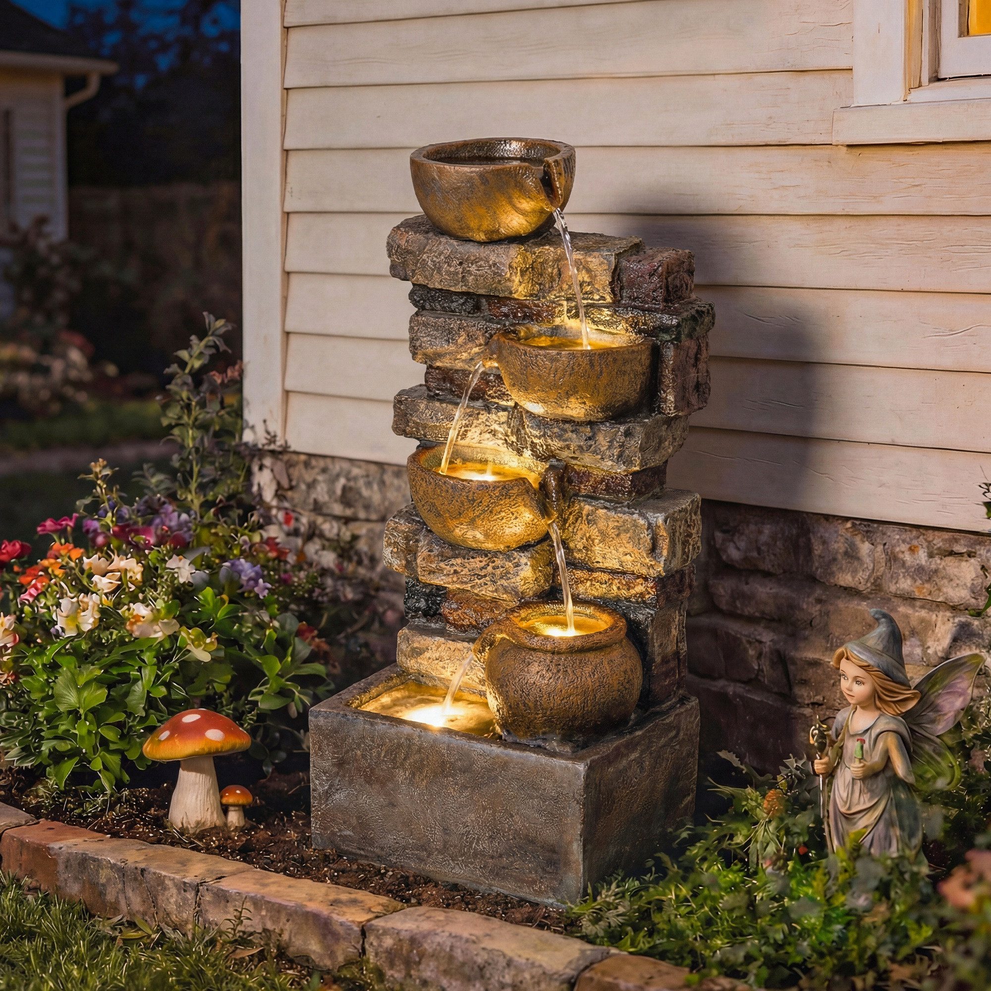 Outsunny Gartenbrunnen mit LED Beleuchtung, Steinoptik, Pumpe, 31 cm Breite, Wasserbecken BxT: 25.5x25.5 cm, (Springbrunnen, 1 tlg., Zimmerbrunnen), für Garten Rasen 31 x 25,5 x 72 cm