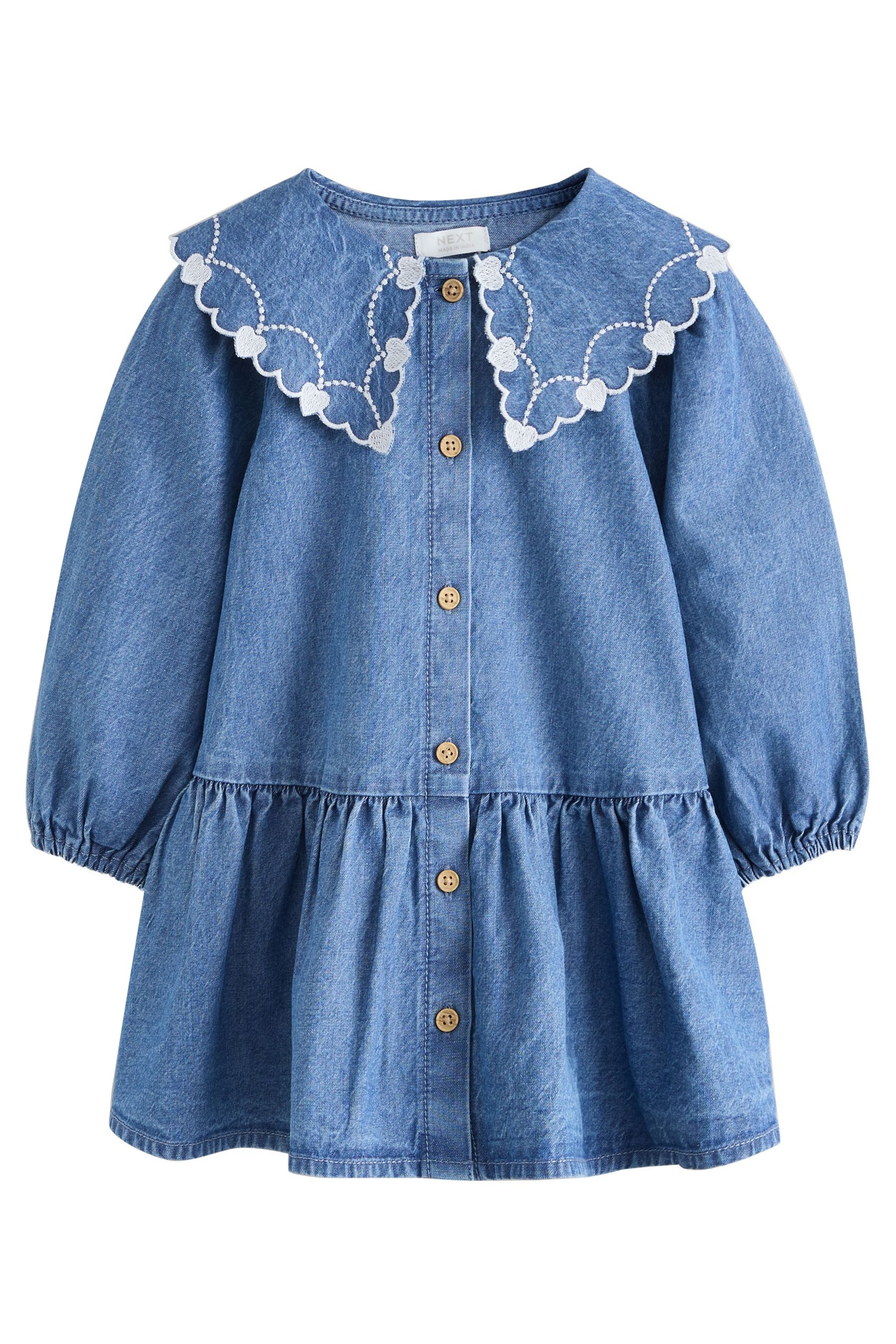 Next Jeanskleid Langärmeliges Sommerkleid mit Stickerei und Kragen (1-tlg)