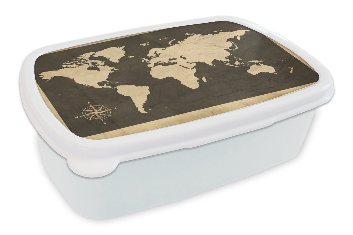 MuchoWow Lunchbox Weltkarte - Kompassrose - Vintage, Kunststoff, (2-tlg), Brotbox für Kinder und Erwachsene, Brotdose, für Jungs und Mädchen weiß
