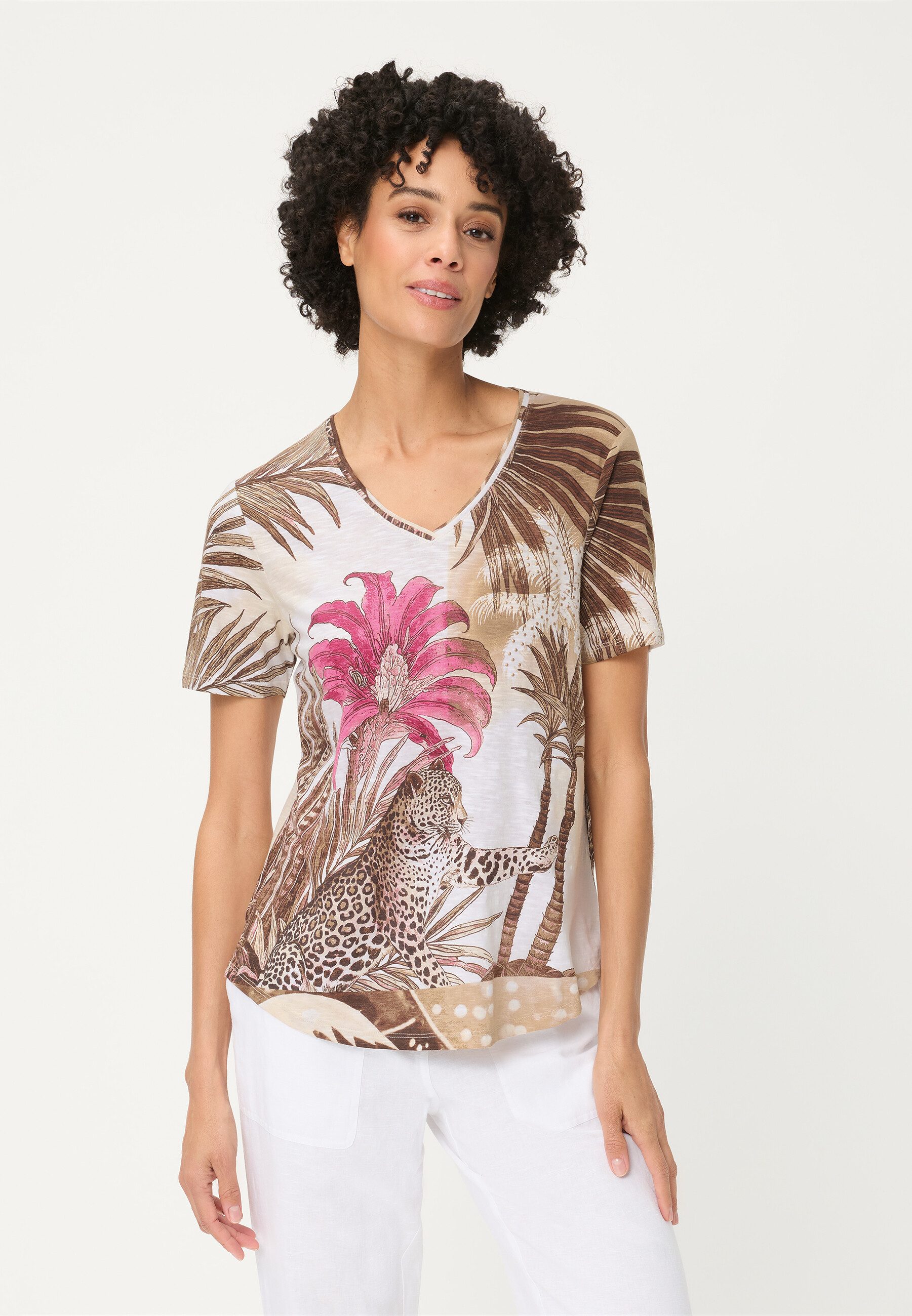 Olsen T-Shirt Shirt mit verziertem Panneaux-Print und V-Ausschnitt
