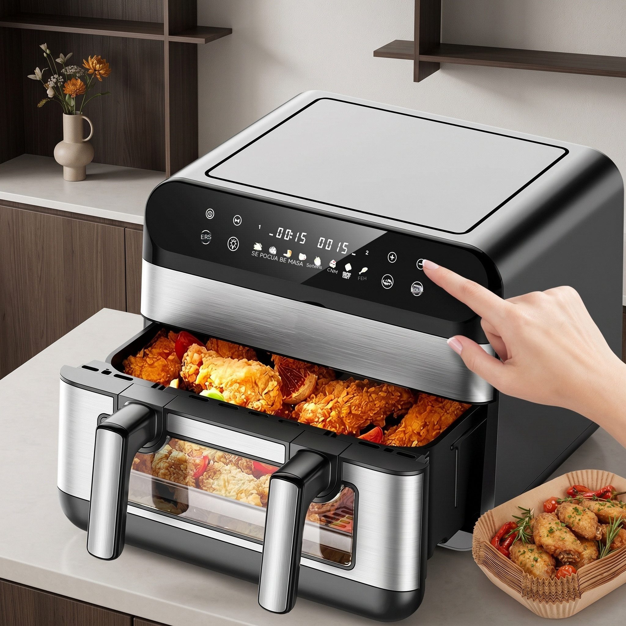 oyajia Heißluftfritteuse Heißluftfritteuse 11L 2 Kammern mit 40 Backpapier – 2800W Airfryer, 8-in-1 Air Fryer mit Sichtfenster und Innenlicht, Einzel oder Doppelkammer, Groß für 4–7 Personen, 2800,00 W, Backofen, Dörrautomat, Grill, Warmhalten&Auftauen