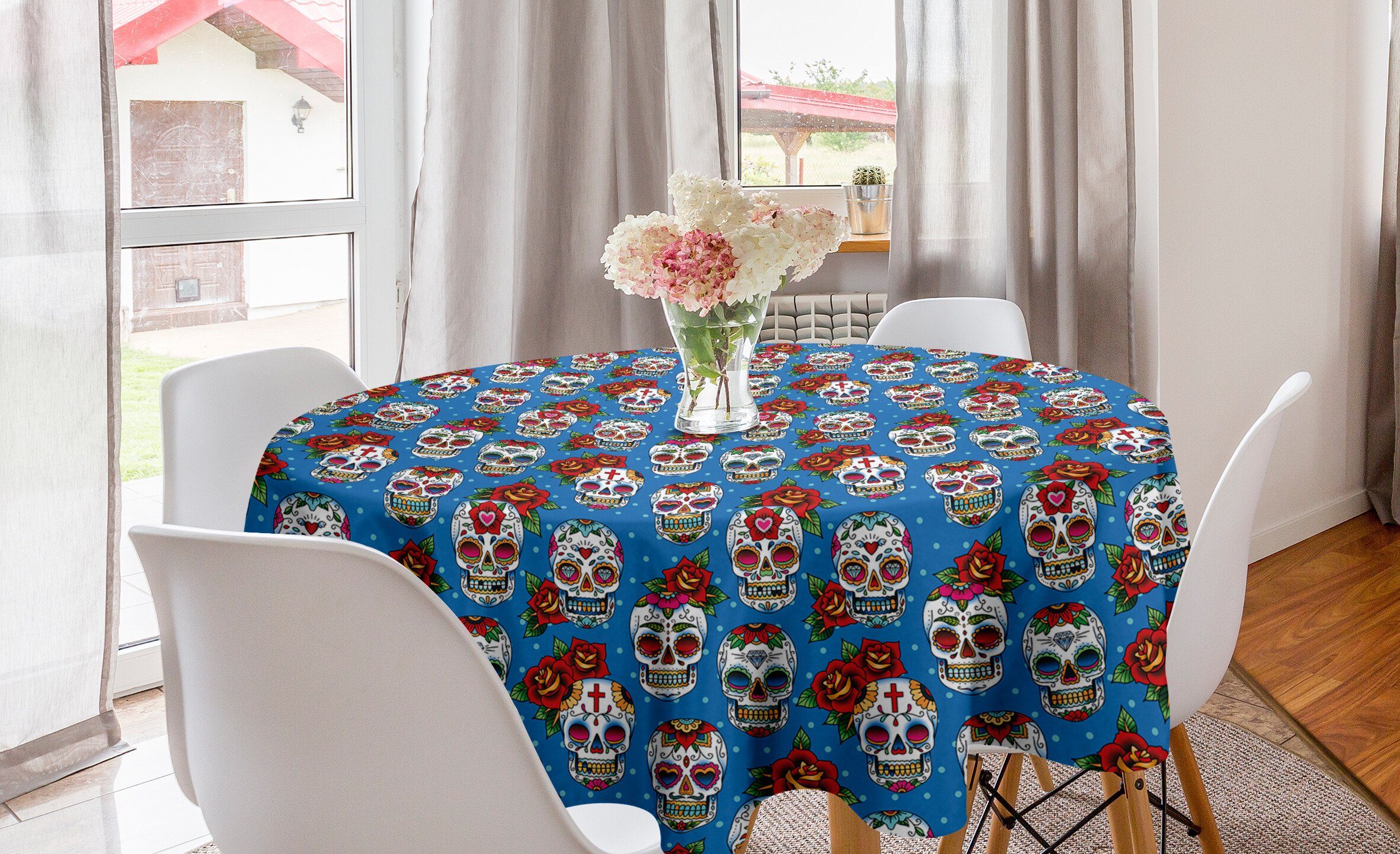 Abakuhaus Tischdecke Kreis Tischdecke Abdeckung für Esszimmer Küche Dekoration, Zuckerschädel Mexikanischer Retro Dots