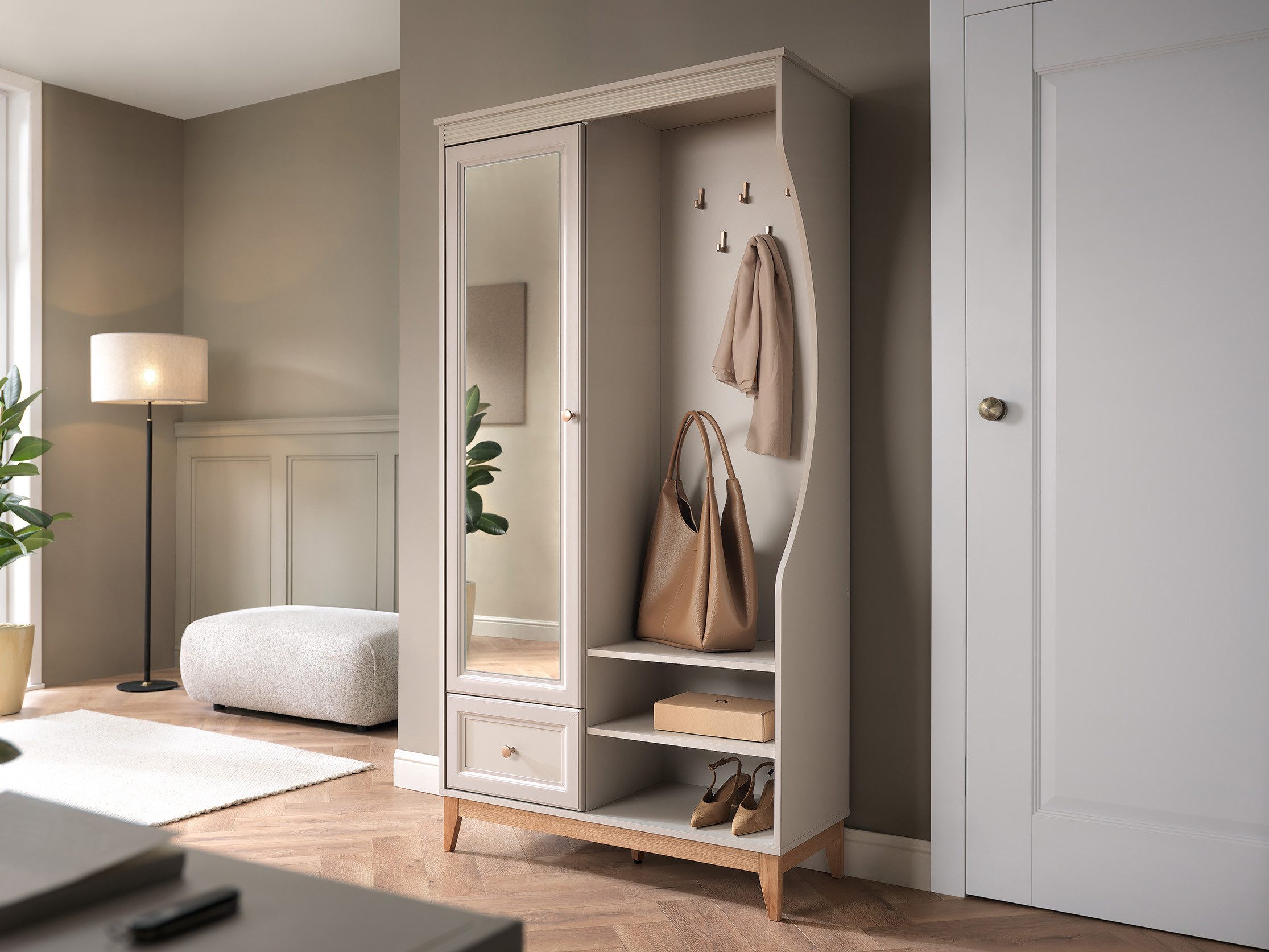 Compleo Garderobenschrank mit Schublade und Spiegel, Holzfüße – Bild 2 von 3