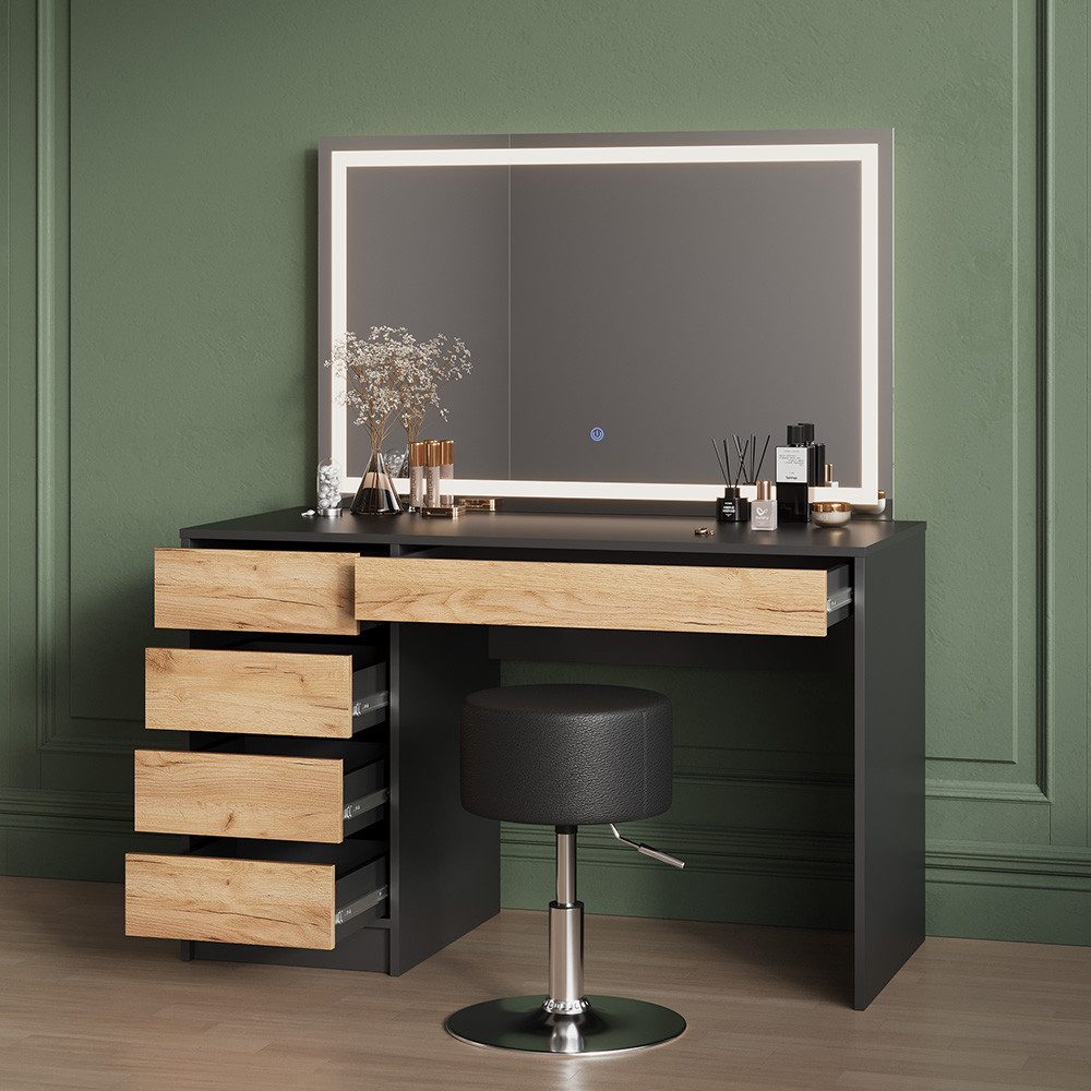 Livinity® Schminktisch Imola, Anthrazit/Goldkraft Eiche, 120 cm mit LED Beleuchtung