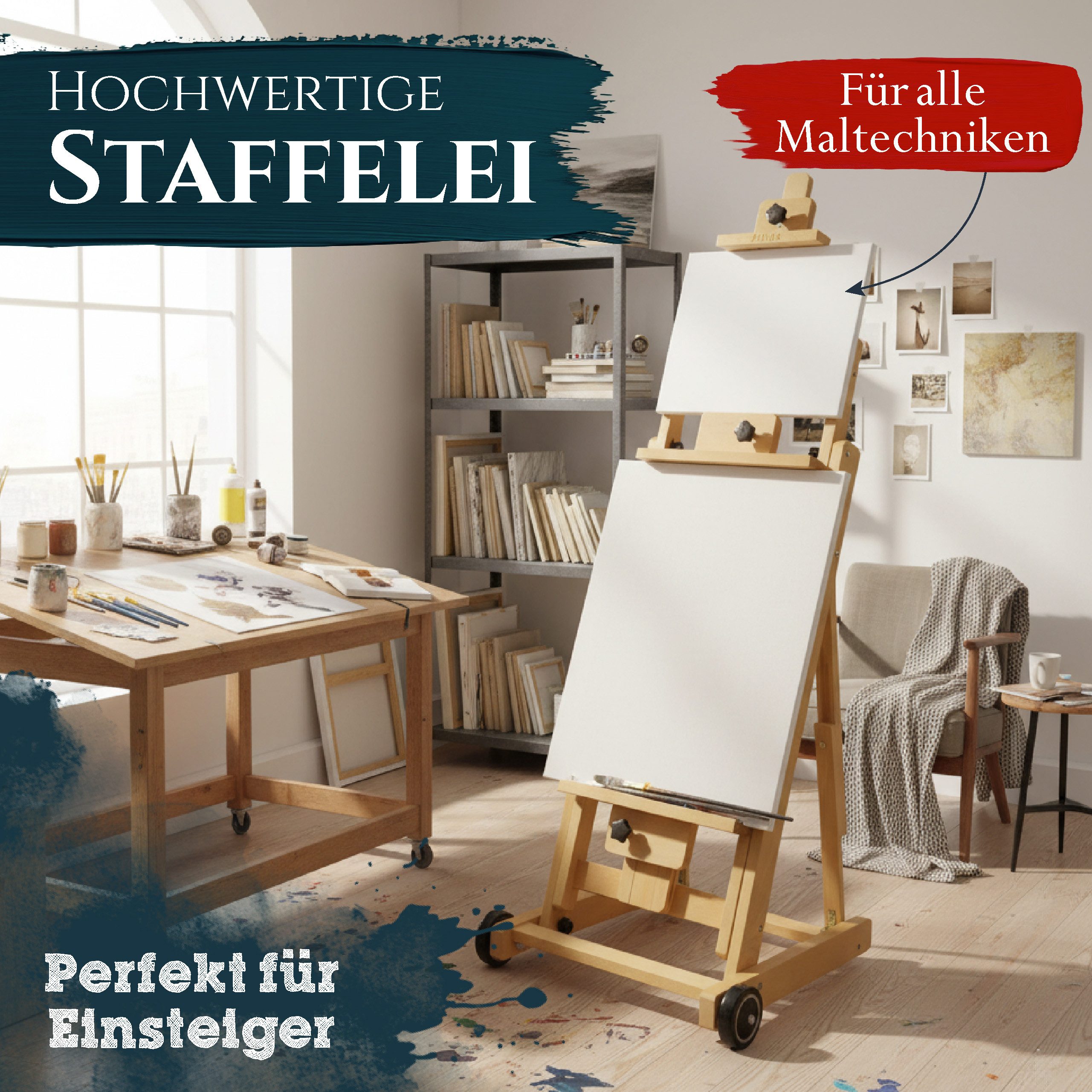 Artina Staffelei Profi Studio Atelierstaffelei Buche für 2 Leinwände Bordeaux, gleichzeitig bis Leinwandhöhe 195 cm Bordeaux – Neigungswinkel 90° – Bild 2 von 5