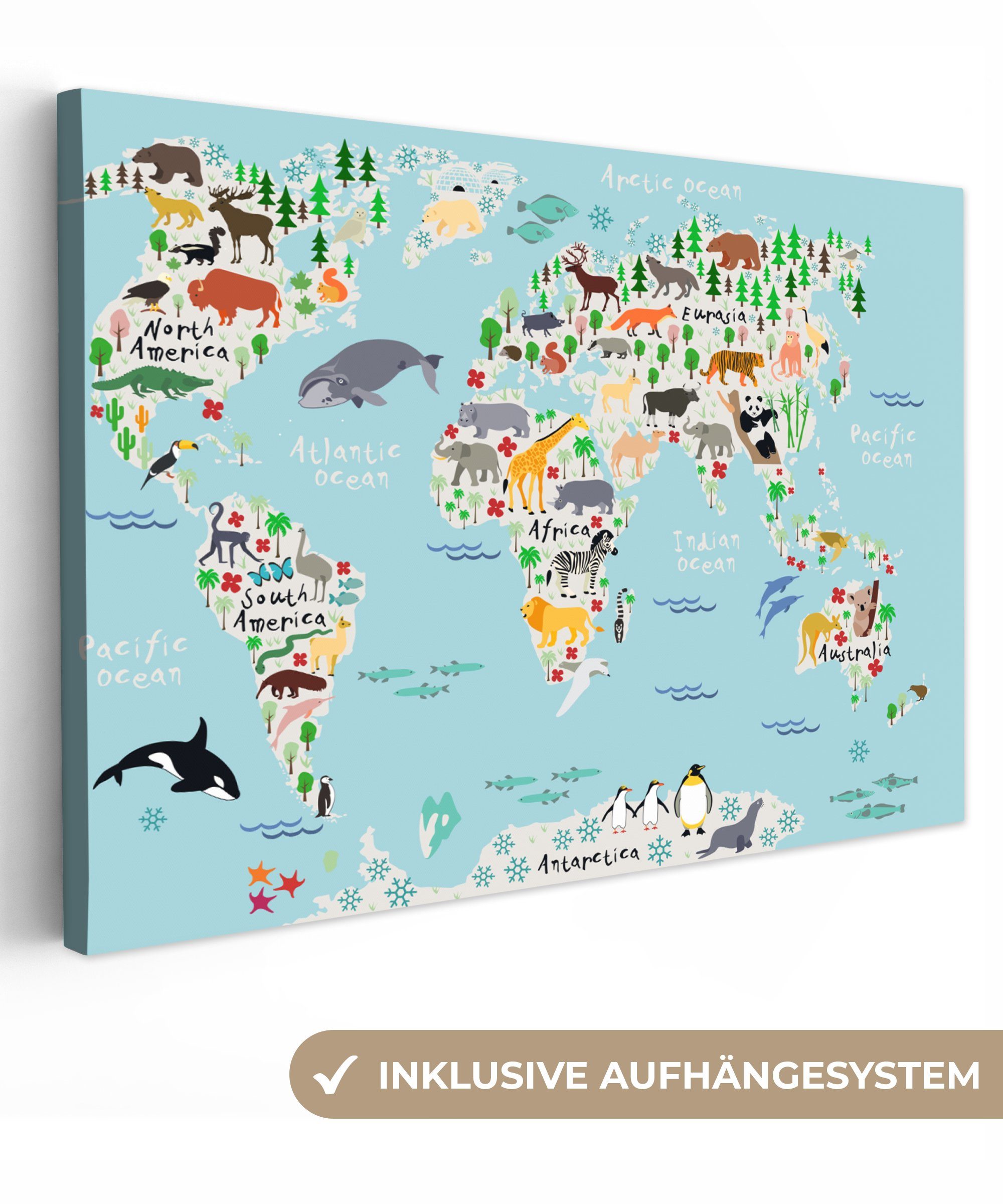 OneMillionCanvasses® Leinwandbild Weltkarte - Kinder - Tiere - Blau - Orca günstig online kaufen