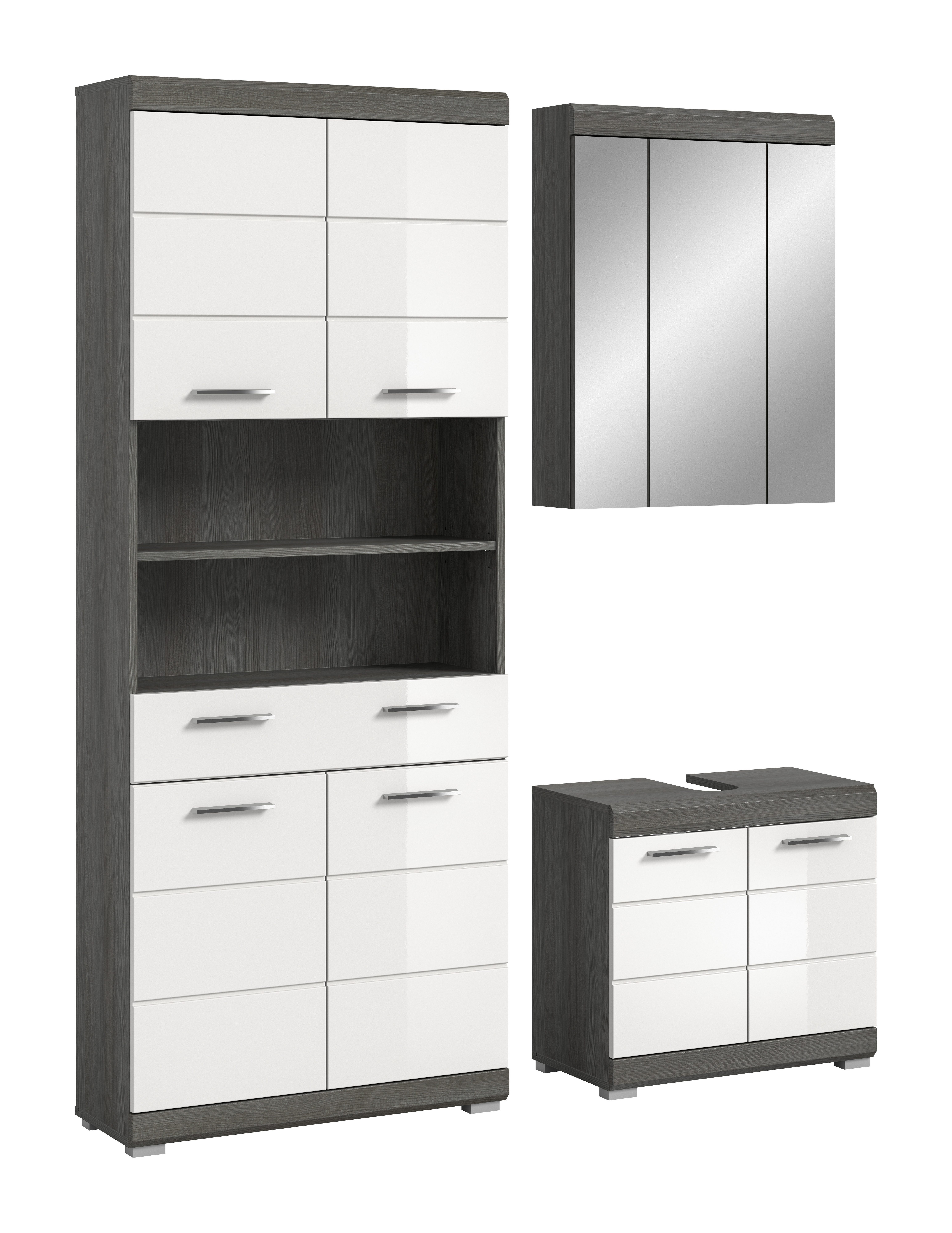 furnling Badmöbel-Set Scott, (3-St., aus Hängeschrank, Hochschrank, Waschbeckenunterschrank), Badmöbel, Badschränke, Hochglanz Front, Breite 149 cm