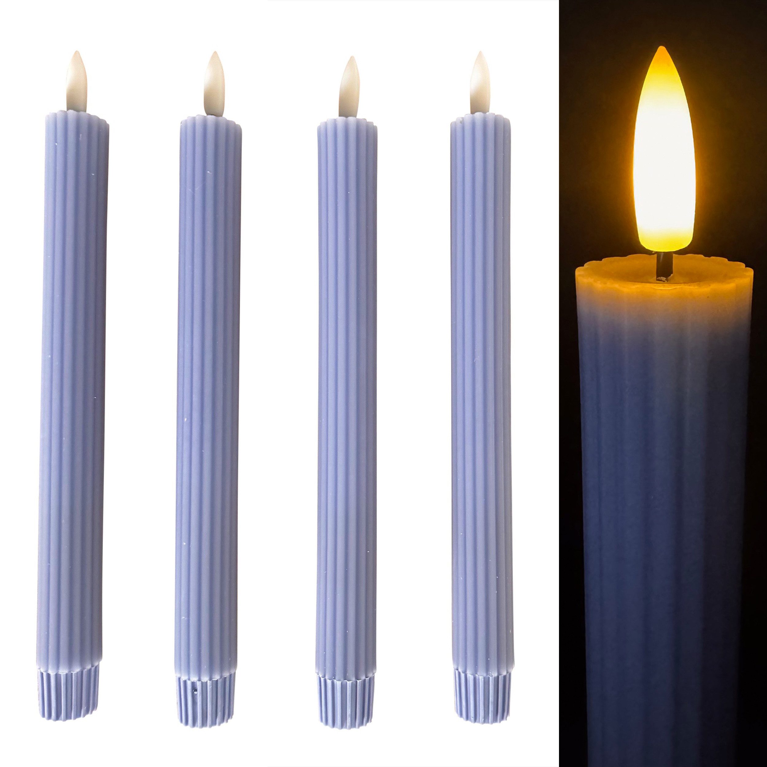 Online-Fuchs LED-Kerze 4 moderne LED Stabkerzen im Set aus Echtwachs mit Timer (Creme, Hellblau, Grün, Koralle, Pflaume, Grau, 473451), modernes Rillen-Design - Touch-Funktion zum An- und Ausschalten