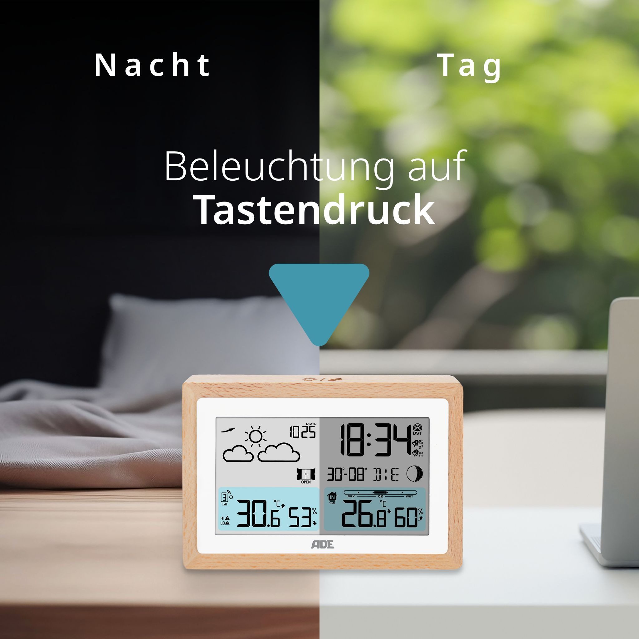 ADE Wetterstation mit Außensensor und Netzteil Funkwetterstation (Außensensor, Netzkabel, Wettervorhersage, Funkwecker, Kalender, Lüftungsempfehlung)