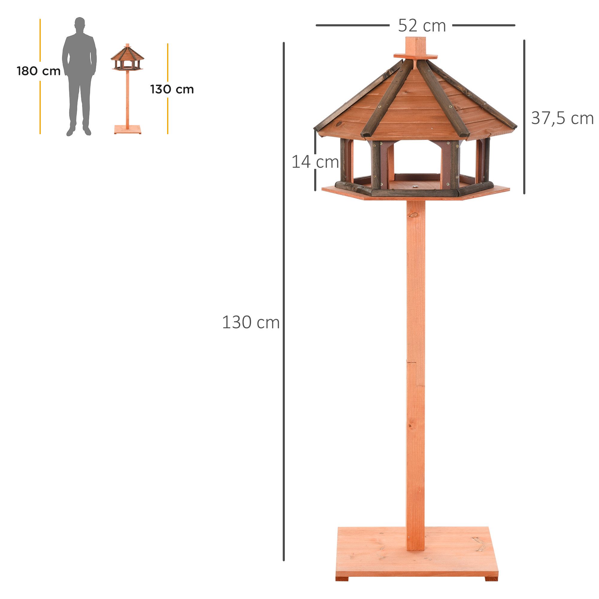 PawHut Vogelhaus hölzerner Vogelvilla Futterhaus Vogelständer mit wasserfestem Dach, für den Aussenbereich Natur Ø52 x 130H cm