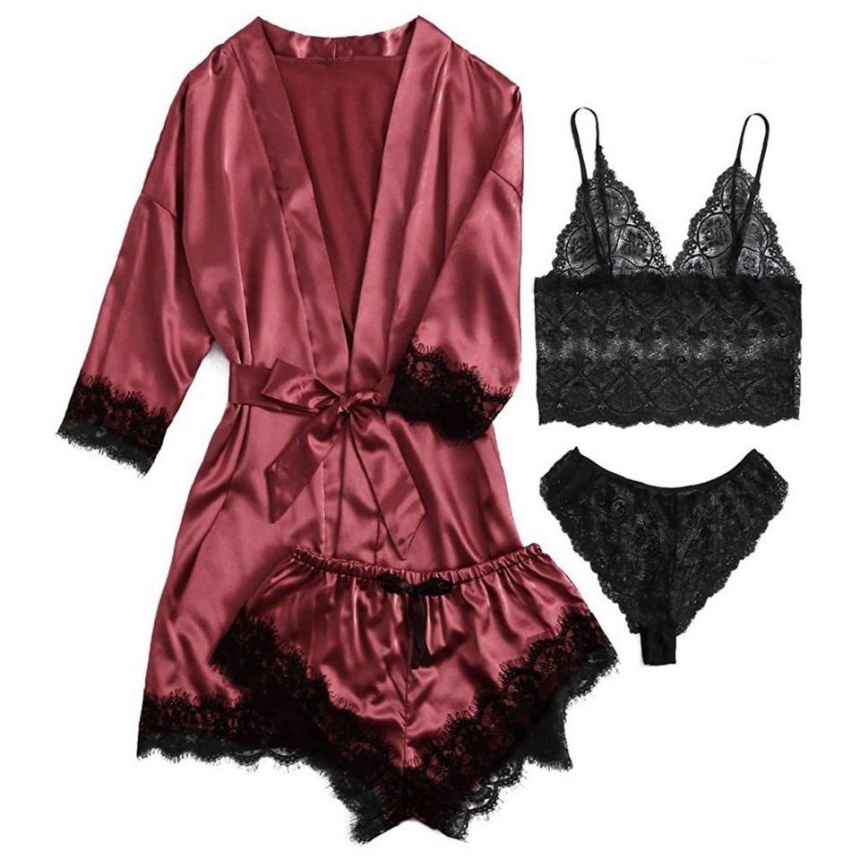 Daisred Pyjama 4 Teiliges Schlafanzüge Sexy Spitze Lace Set für Damen Rot