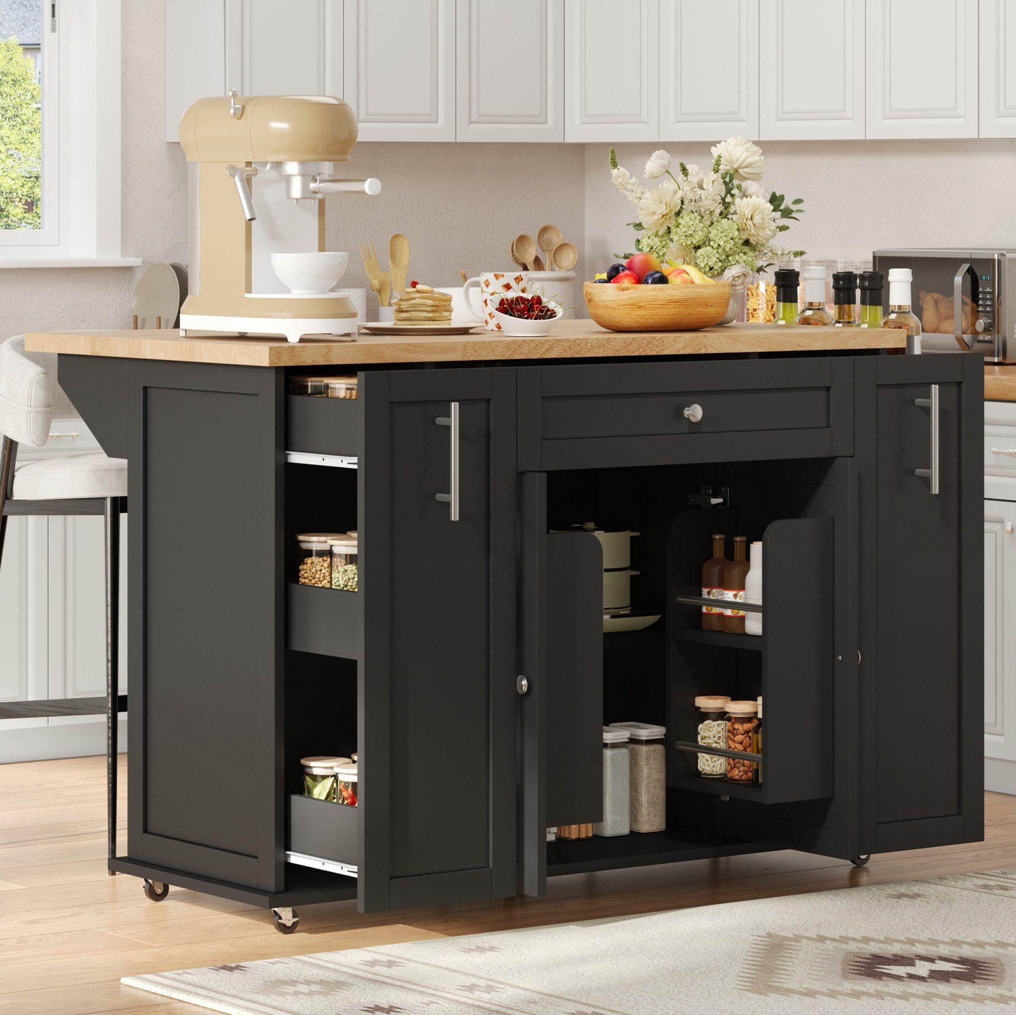 OKWISH Kücheninsel Mobile Kücheninsel mit Klappplatte und Rollen 120×45(70)×87 cm, (Servierwagen mit feststellbaren Rädern für Küche und Essbereich), Küchenwagen mit 3 Schubladen und Türregalen für Zubehör